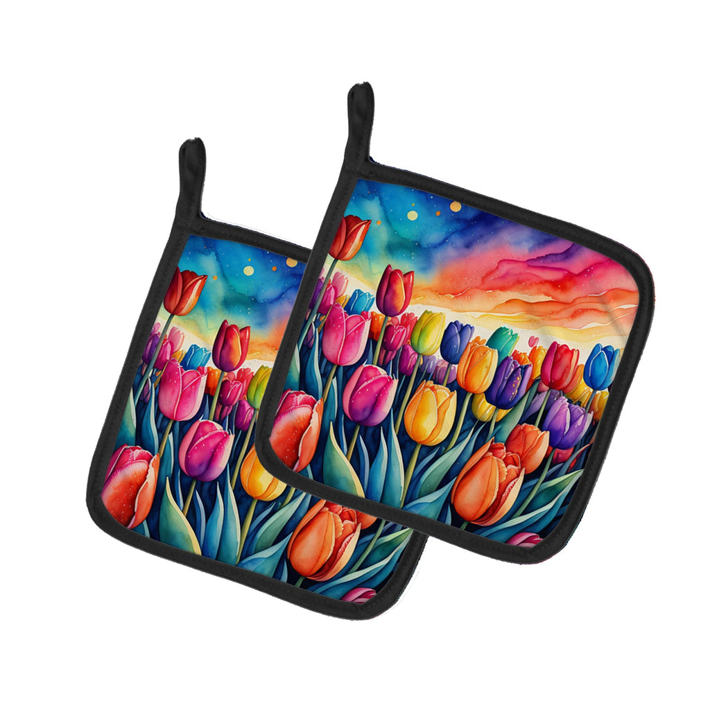 Colorful Tulips Pot Holder Set of 2 Heat Resistant Quilted Hot Pads 7.5 x 7.5 Inch, Insulated Kitchen Trivets for Cooking & Baking