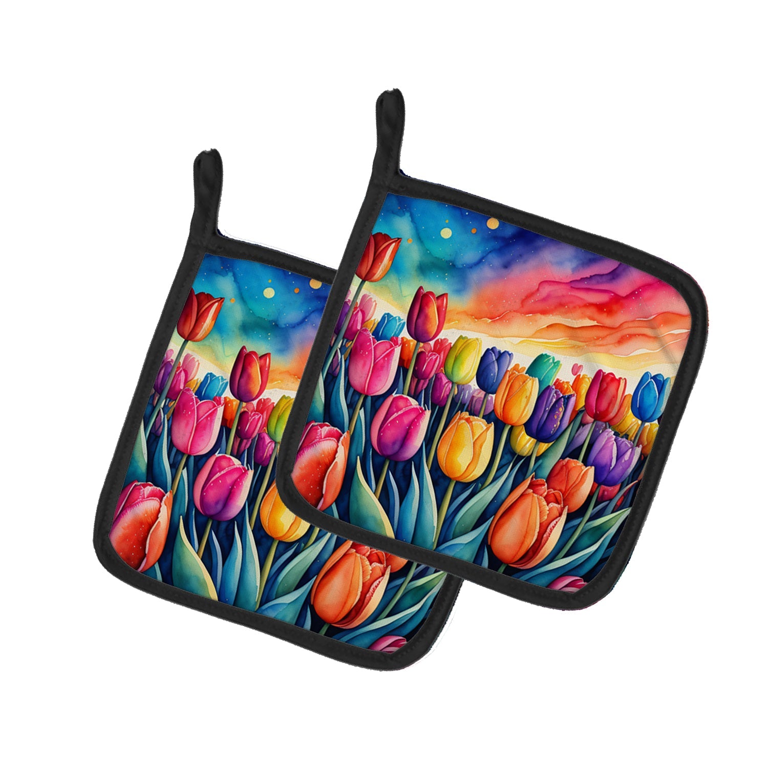 Colorful Tulips Pot Holder Set of 2 Heat Resistant Quilted Hot Pads 7.5 x 7.5 Inch, Insulated Kitchen Trivets for Cooking & Baking