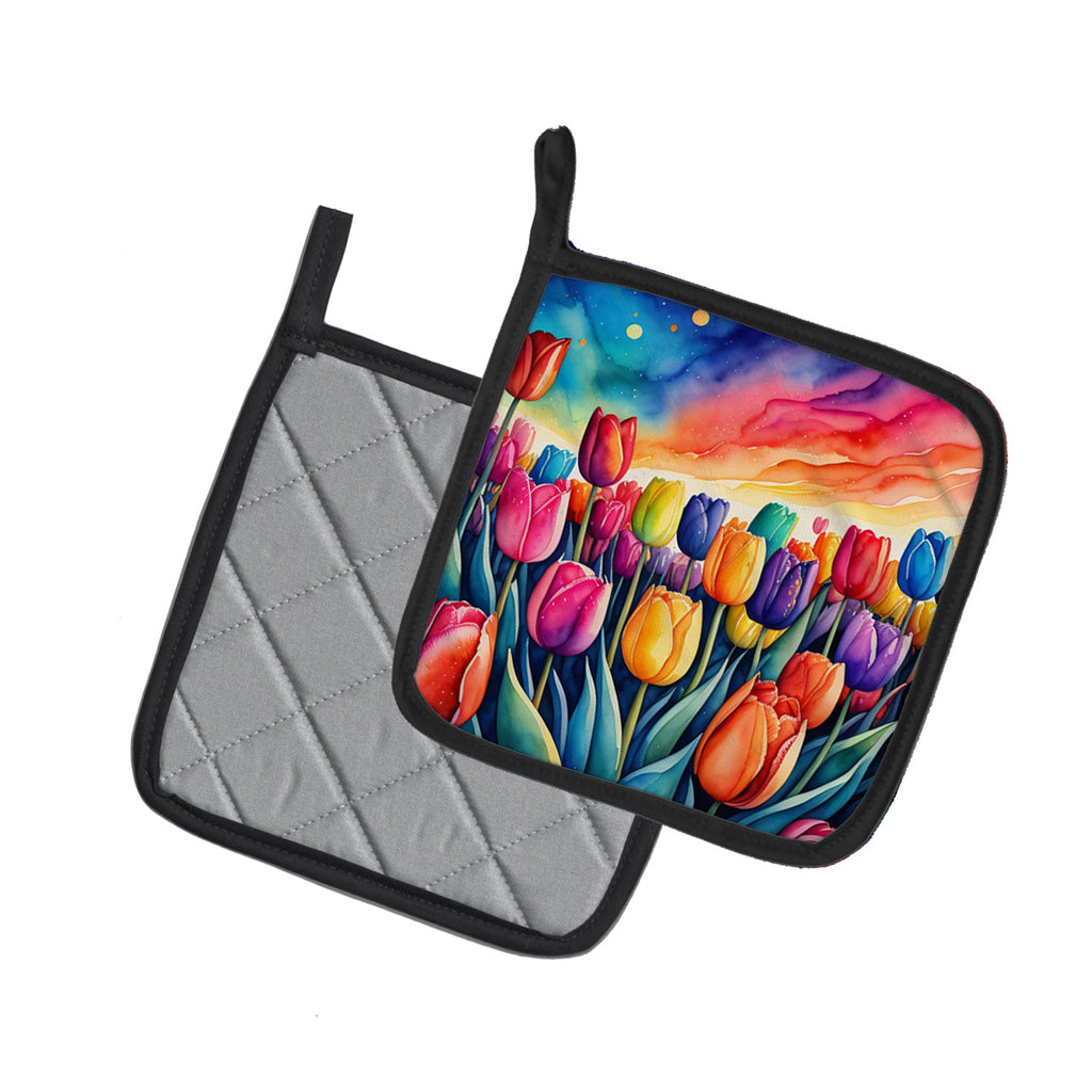 Colorful Tulips Pot Holder Set of 2 Heat Resistant Quilted Hot Pads 7.5 x 7.5 Inch, Insulated Kitchen Trivets for Cooking & Baking