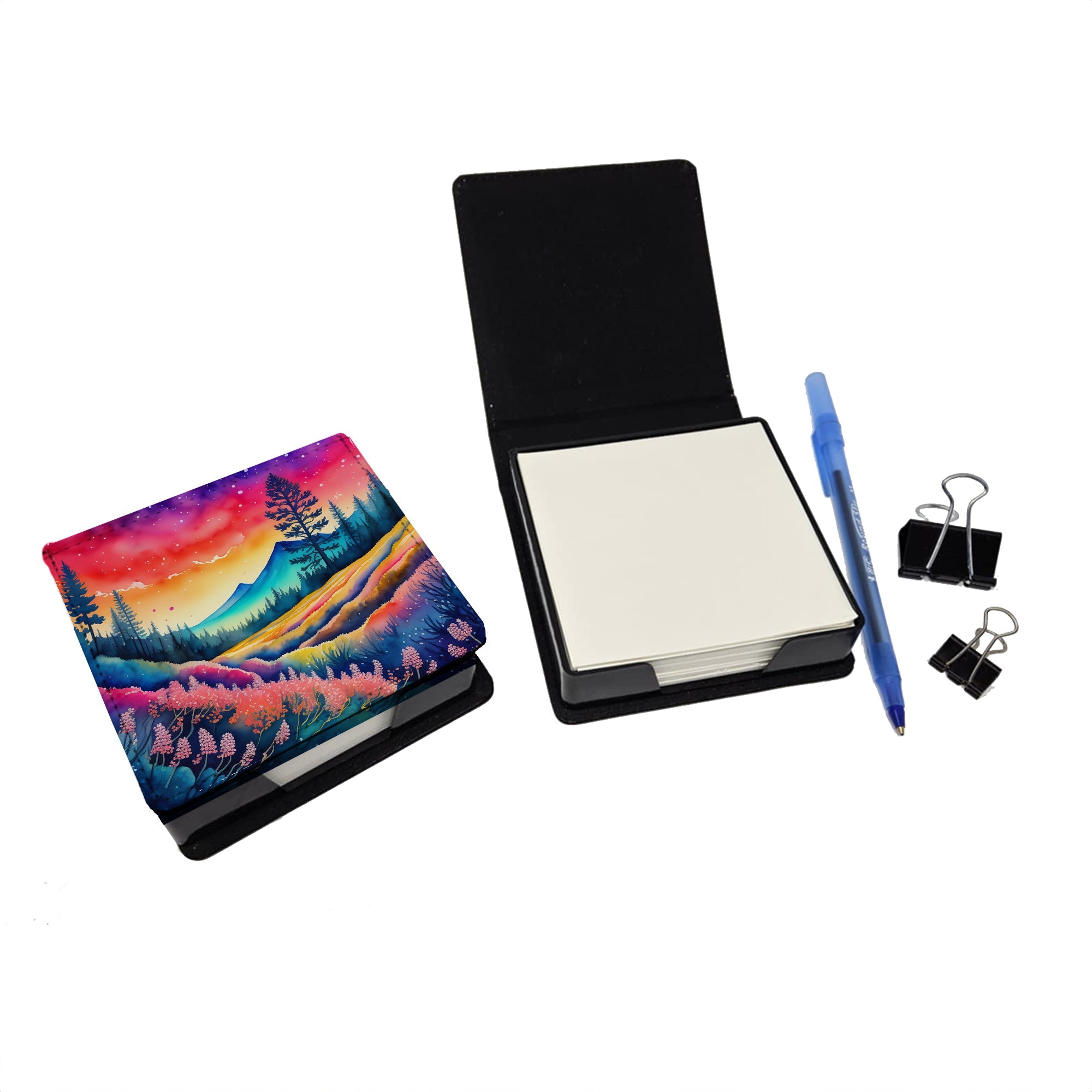 Colorful Yarrow PU Leather Note Paper Holder with Artist-Designed Cover, Desk Accessory, Office Gift