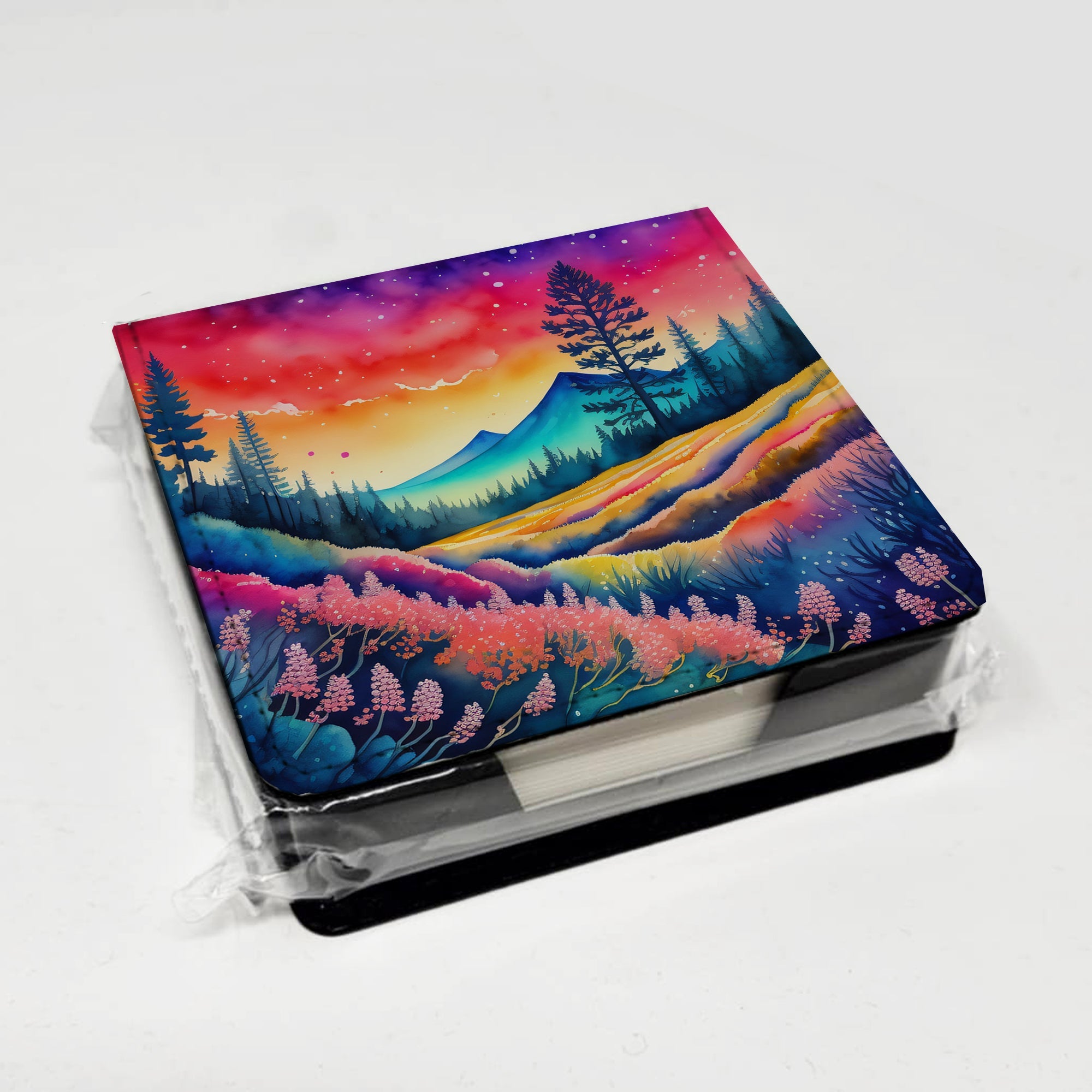 Colorful Yarrow PU Leather Note Paper Holder with Artist-Designed Cover, Desk Accessory, Office Gift