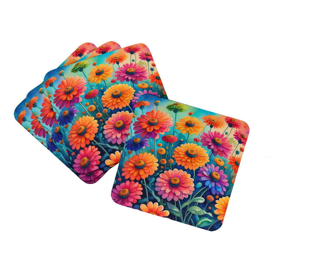 Colorful Zinnias Foam Coasters Set of 4 Cup Coasters for Indoor Outdoor, Tabletop Protection, Anti Slip, Mouse pad Material