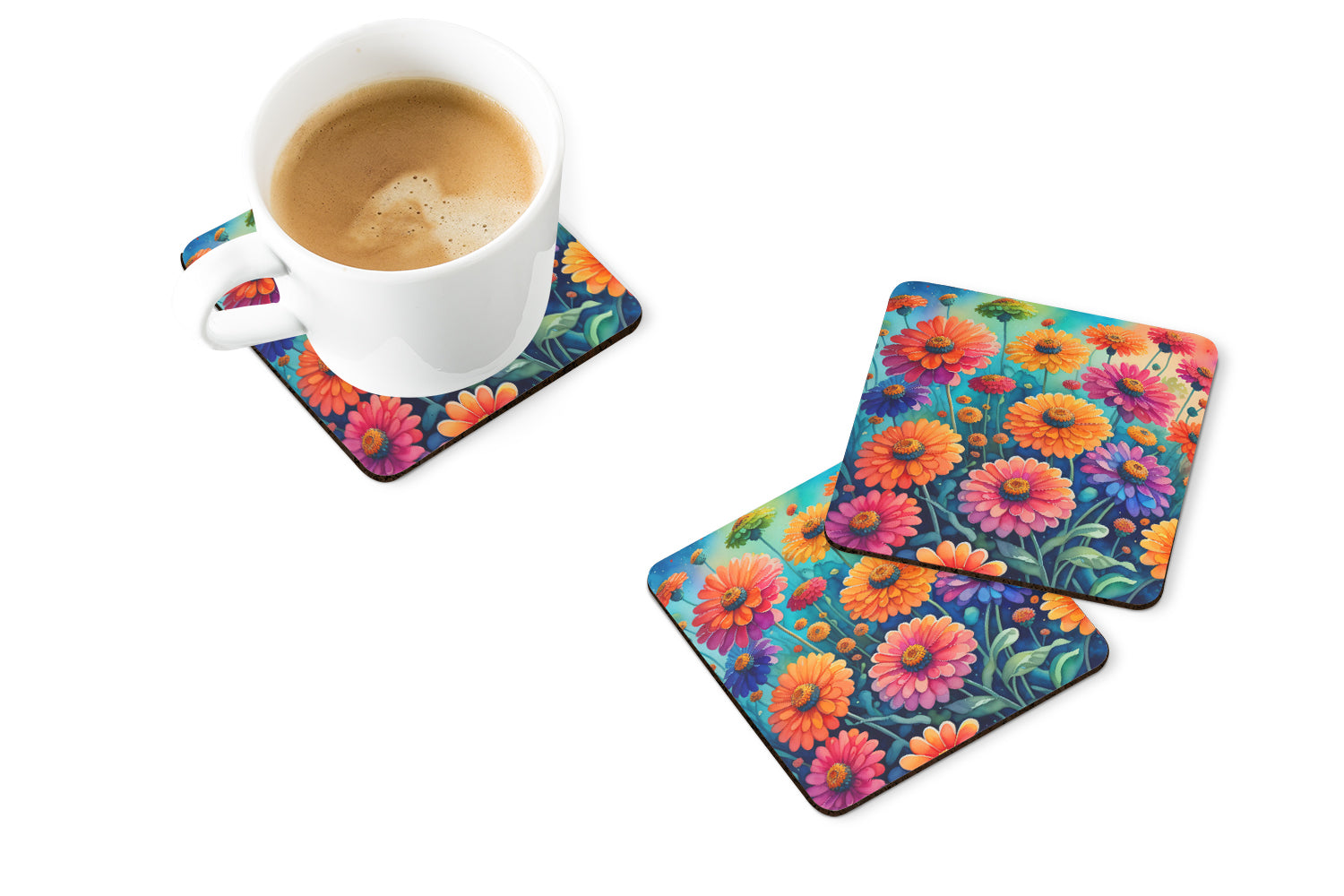 Colorful Zinnias Foam Coasters Set of 4 Cup Coasters for Indoor Outdoor, Tabletop Protection, Anti Slip, Mouse pad Material