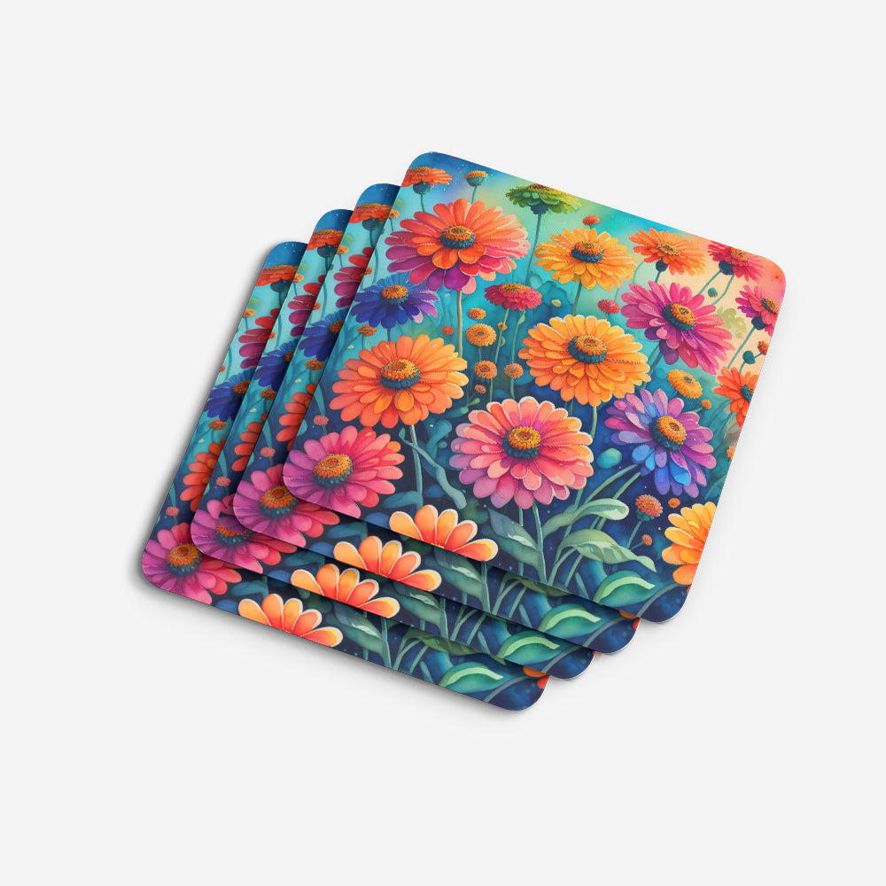 Colorful Zinnias Foam Coasters Set of 4 Cup Coasters for Indoor Outdoor, Tabletop Protection, Anti Slip, Mouse pad Material