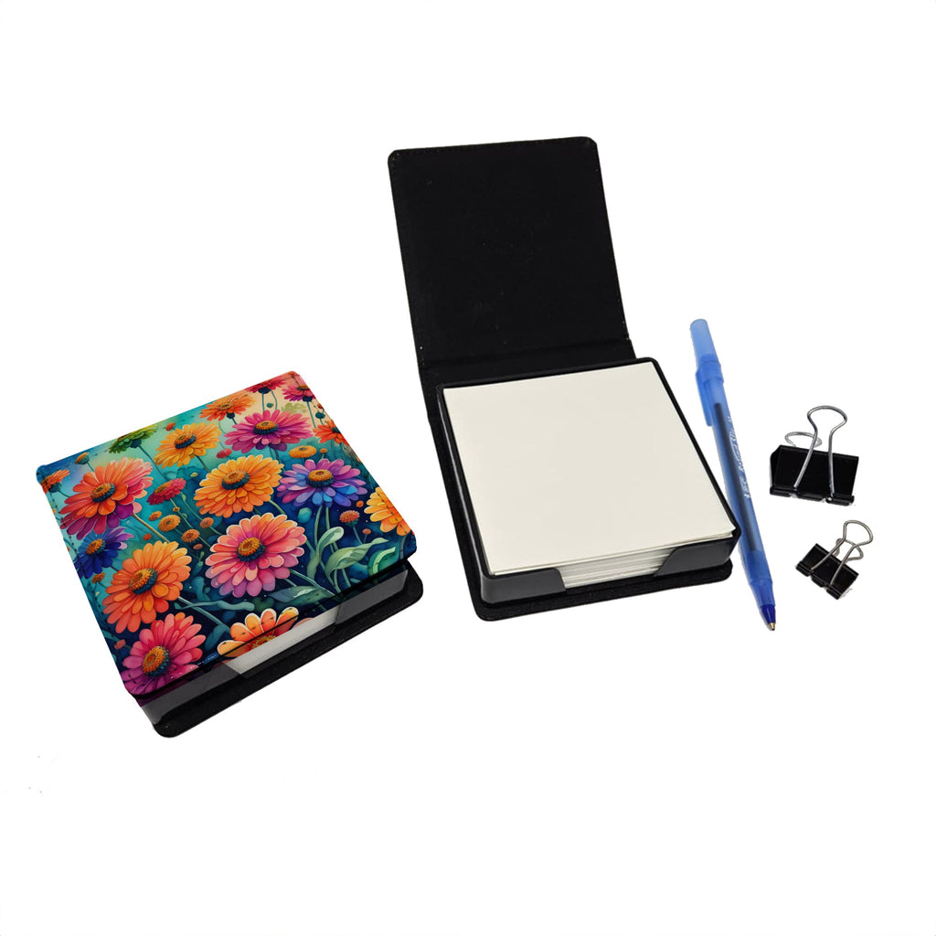Colorful Zinnias PU Leather Note Paper Holder with Artist-Designed Cover, Desk Accessory, Office Gift