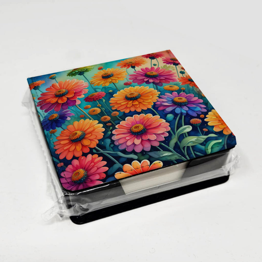 Colorful Zinnias PU Leather Note Paper Holder with Artist-Designed Cover, Desk Accessory, Office Gift