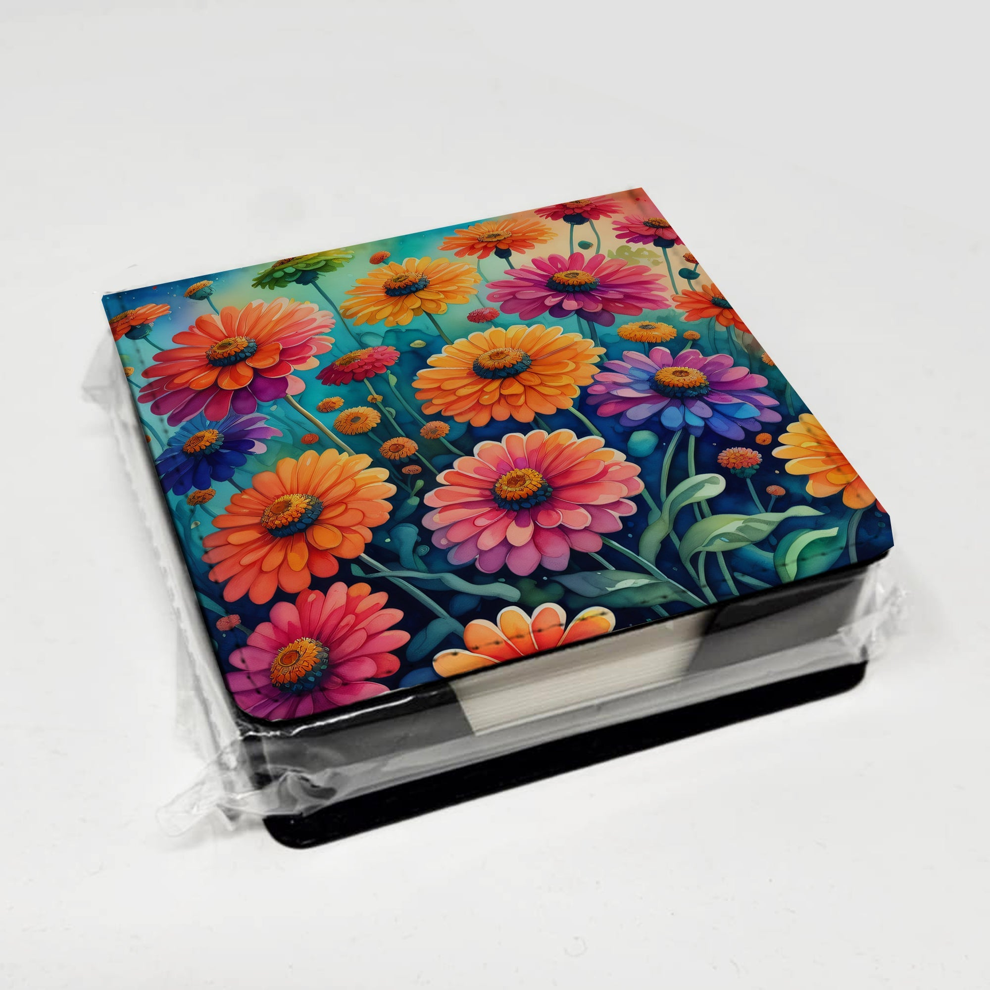 Colorful Zinnias PU Leather Note Paper Holder with Artist-Designed Cover, Desk Accessory, Office Gift
