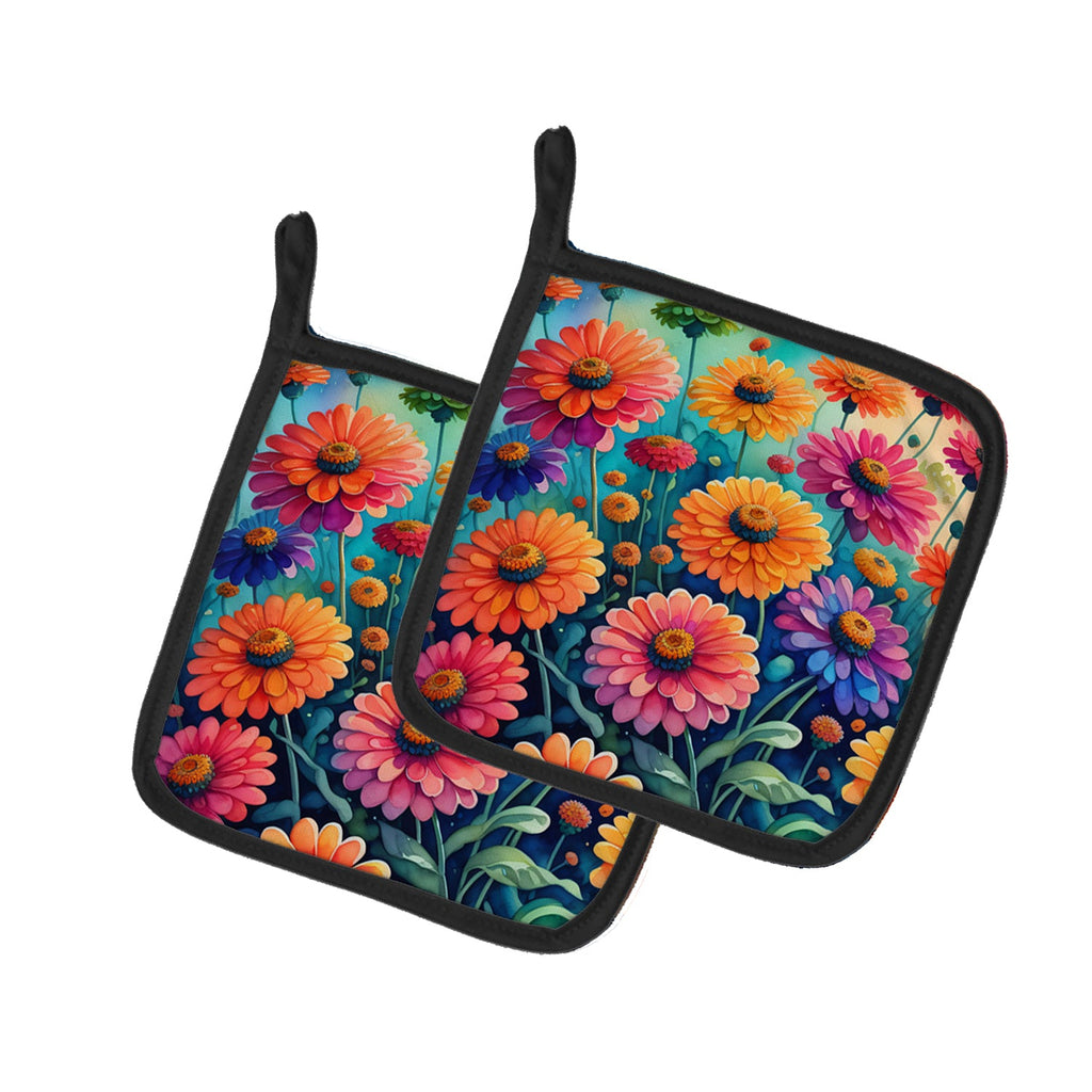 Colorful Zinnias Pot Holder Set of 2 Heat Resistant Quilted Hot Pads 7.5 x 7.5 Inch, Insulated Kitchen Trivets for Cooking & Baking