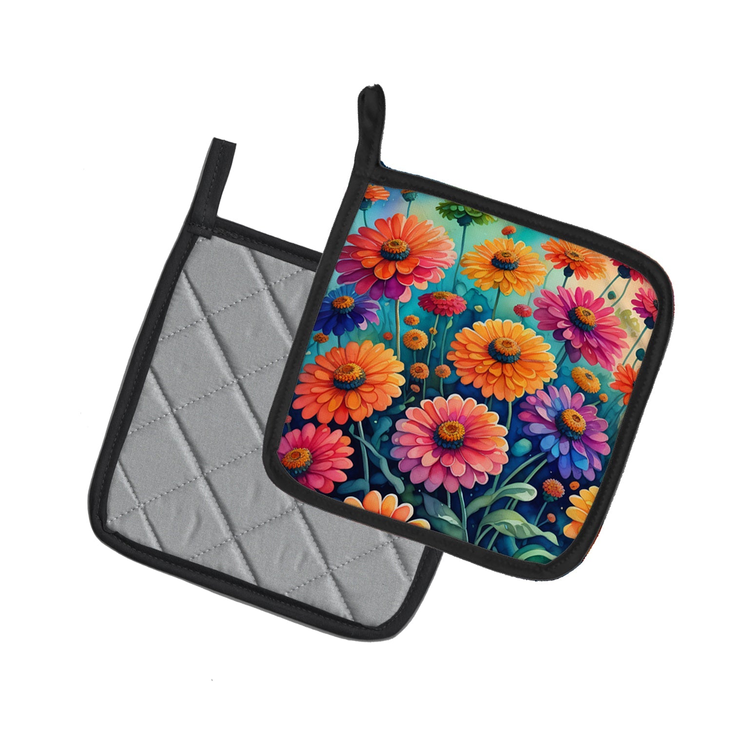 Colorful Zinnias Pot Holder Set of 2 Heat Resistant Quilted Hot Pads 7.5 x 7.5 Inch, Insulated Kitchen Trivets for Cooking & Baking