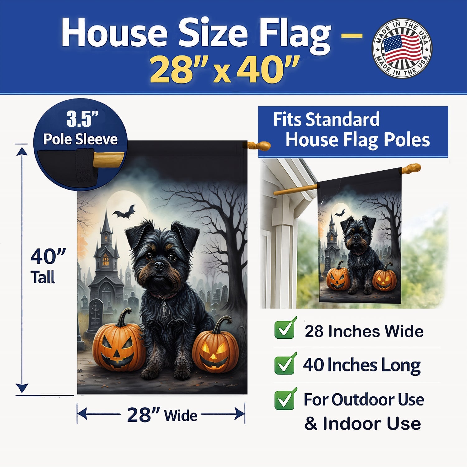 Affenpinscher Spooky Halloween House Flag 28x40 Porch Sleeve Pole Decorative Outside Yard Banner Artwork Wall Hanging, Polyester
