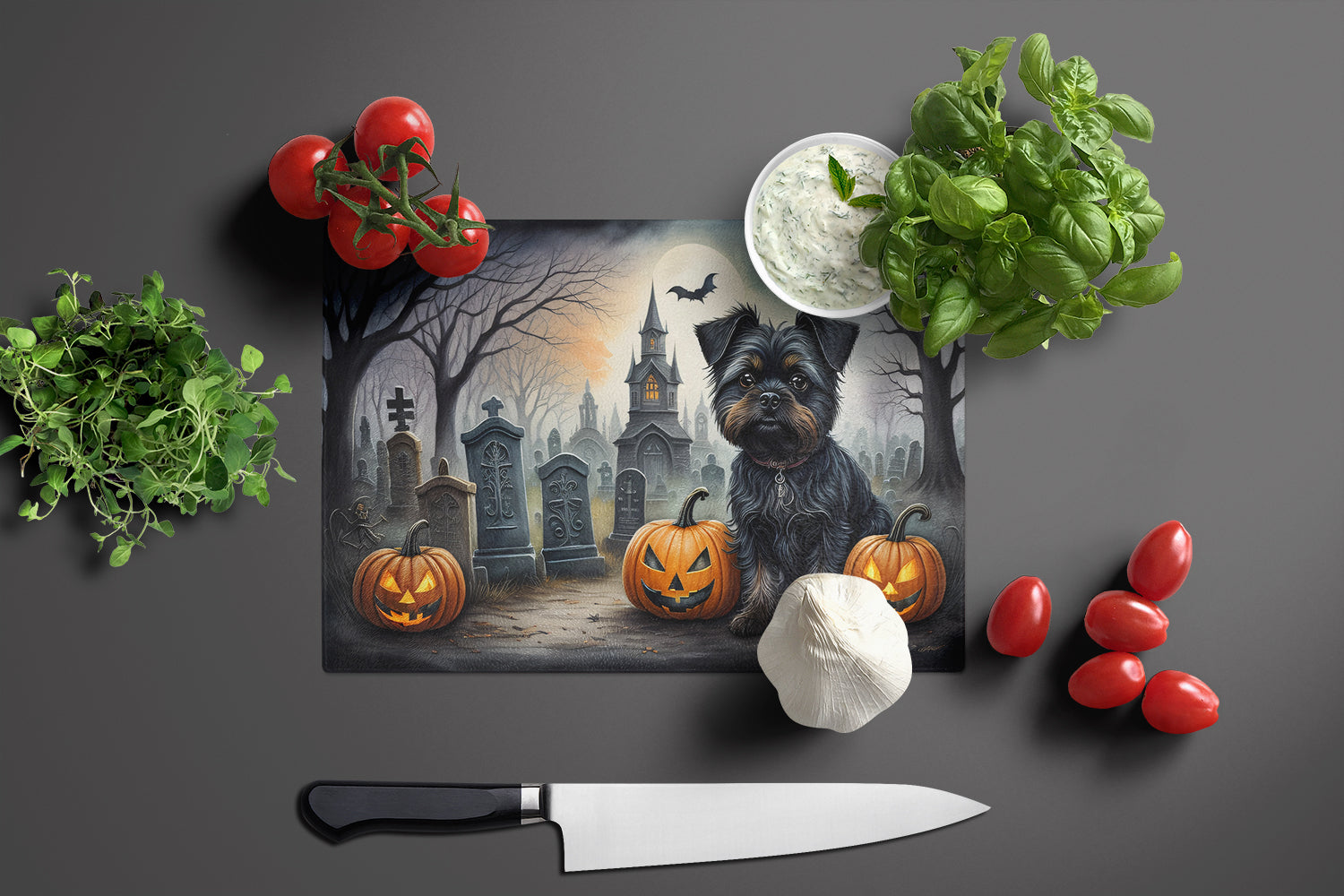 Affenpinscher Spooky Halloween Cutting Board Tempered Glass Kitchen Cutting Surface, Heat Resistant Chopping, Non-Slip Feet, Food Prep & Serving