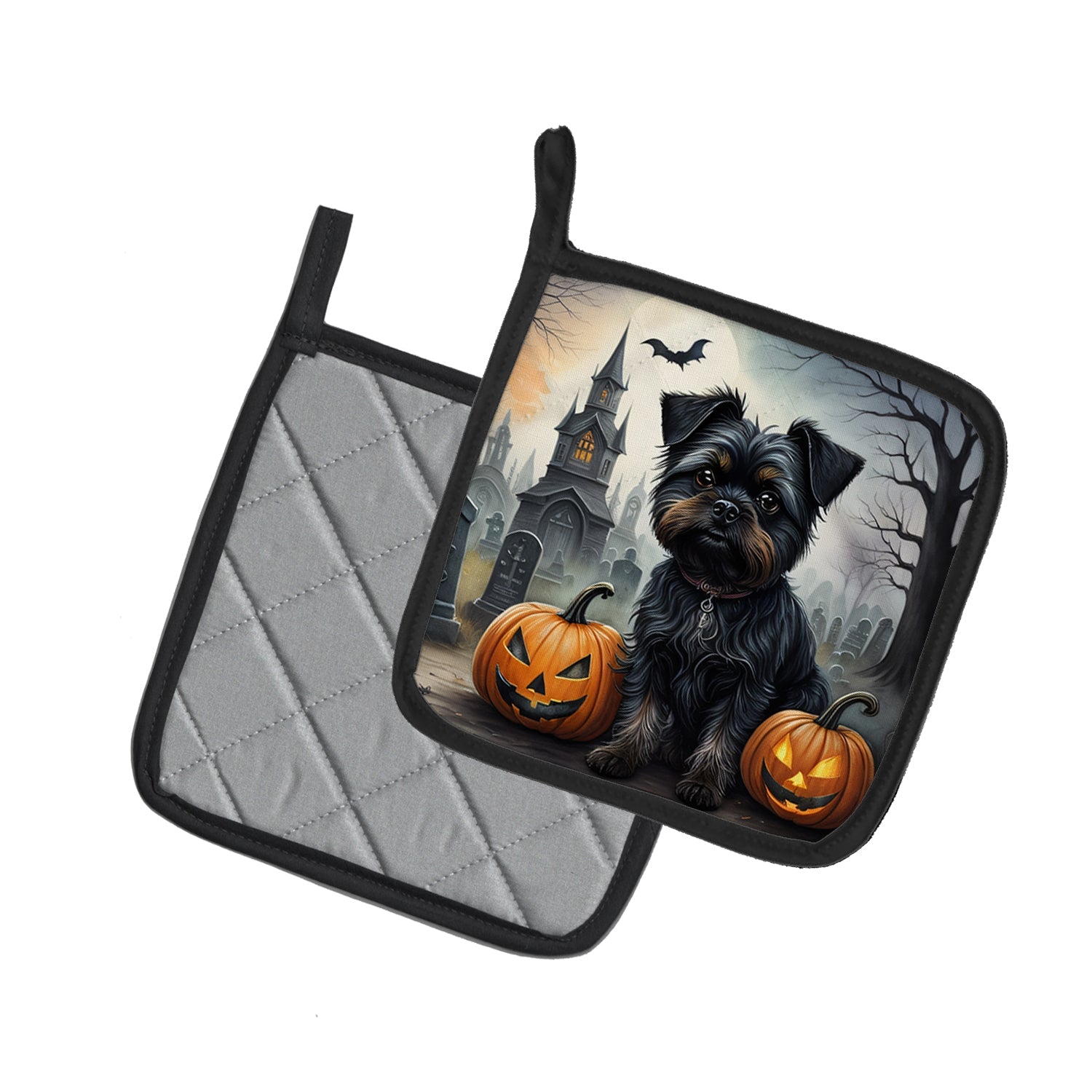 Affenpinscher Spooky Halloween Pot Holder Set of 2 Heat Resistant Quilted Hot Pads 7.5 x 7.5 Inch, Insulated Kitchen Trivets for Cooking & Baking