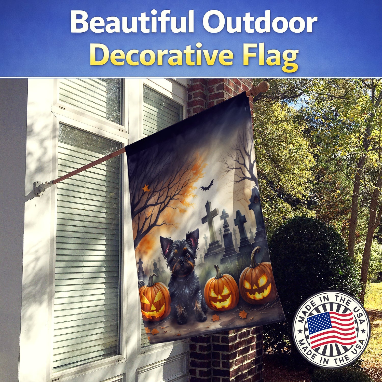 Affenpinscher Spooky Halloween House Flag 28x40 Porch Sleeve Pole Decorative Outside Yard Banner Artwork Wall Hanging, Polyester