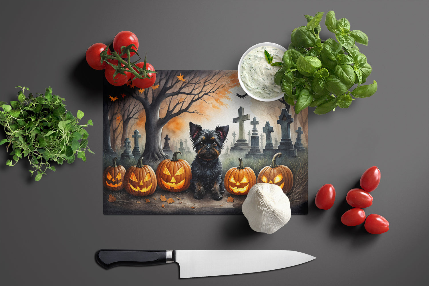 Affenpinscher Spooky Halloween Cutting Board Tempered Glass Kitchen Cutting Surface, Heat Resistant Chopping, Non-Slip Feet, Food Prep & Serving