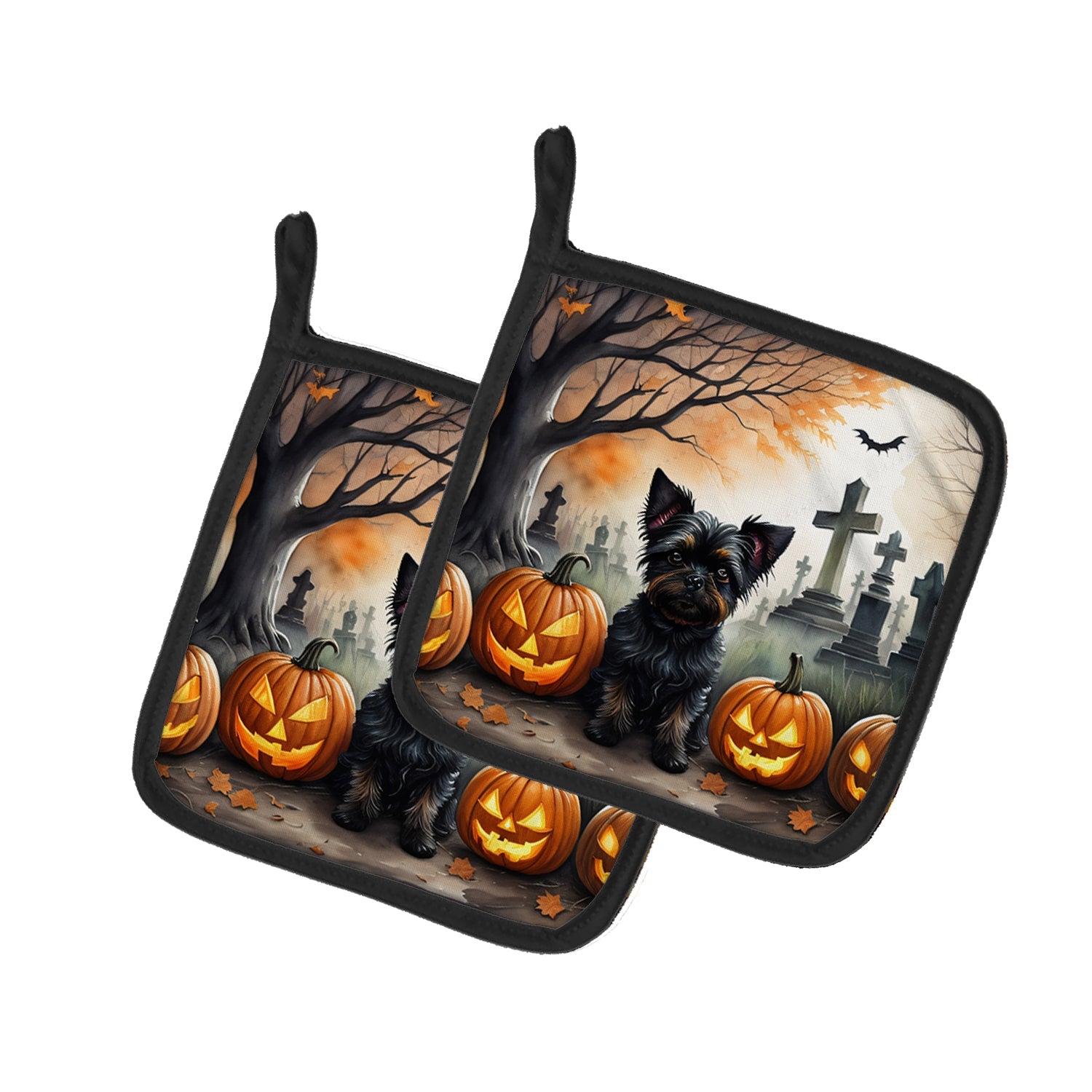Affenpinscher Spooky Halloween Pot Holder Set of 2 Heat Resistant Quilted Hot Pads 7.5 x 7.5 Inch, Insulated Kitchen Trivets for Cooking & Baking