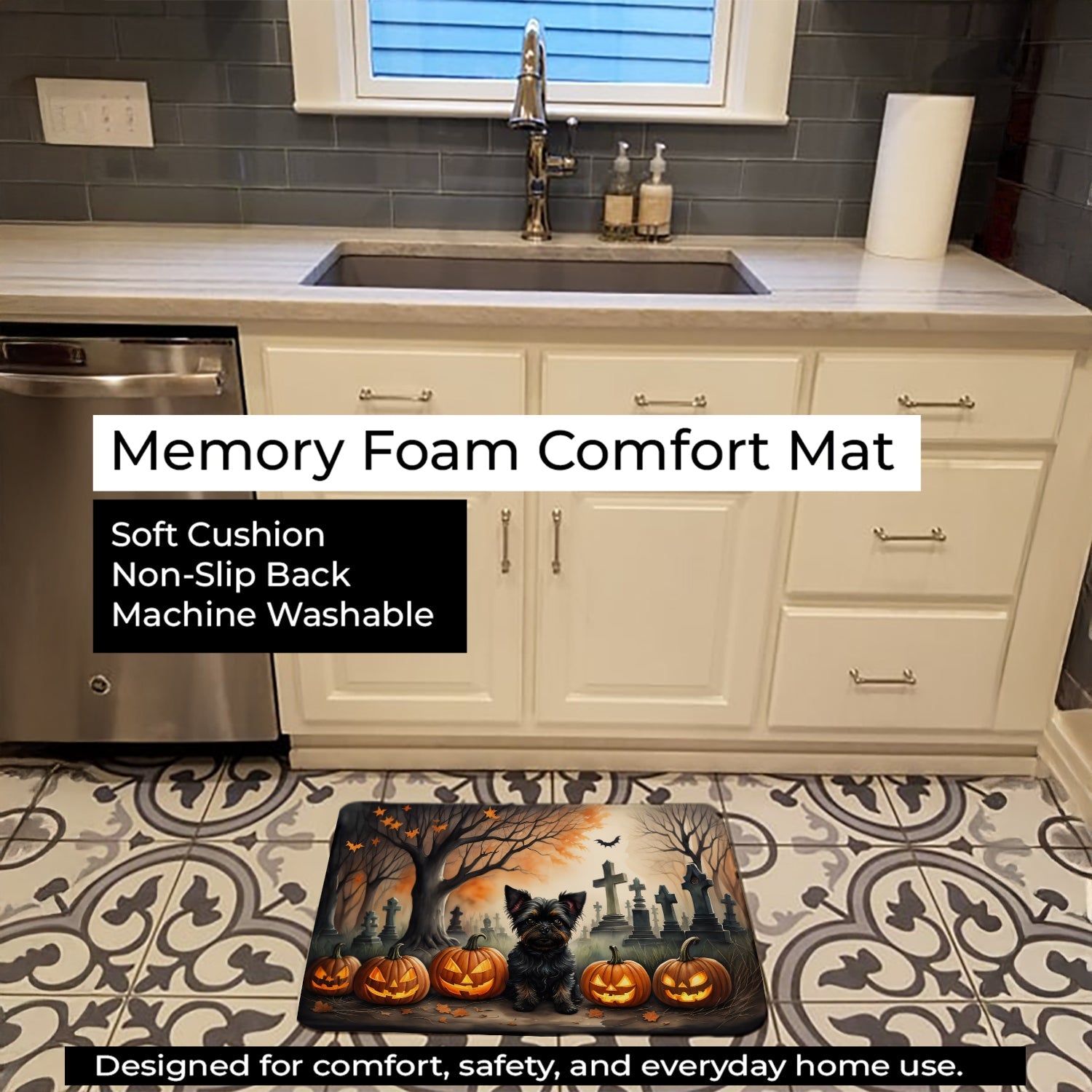 Affenpinscher Spooky Halloween Memory Foam Kitchen Mat Machine Washable Anti-Fatigue Cushion Comfort Bath or Kitchen Rug