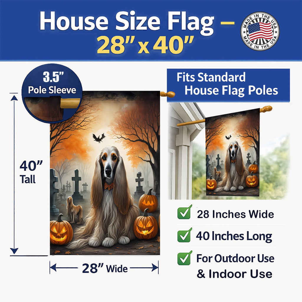 Afghan Hound Spooky Halloween House Flag 28x40 Porch Sleeve Pole Decorative Outside Yard Banner Artwork Wall Hanging, Polyester