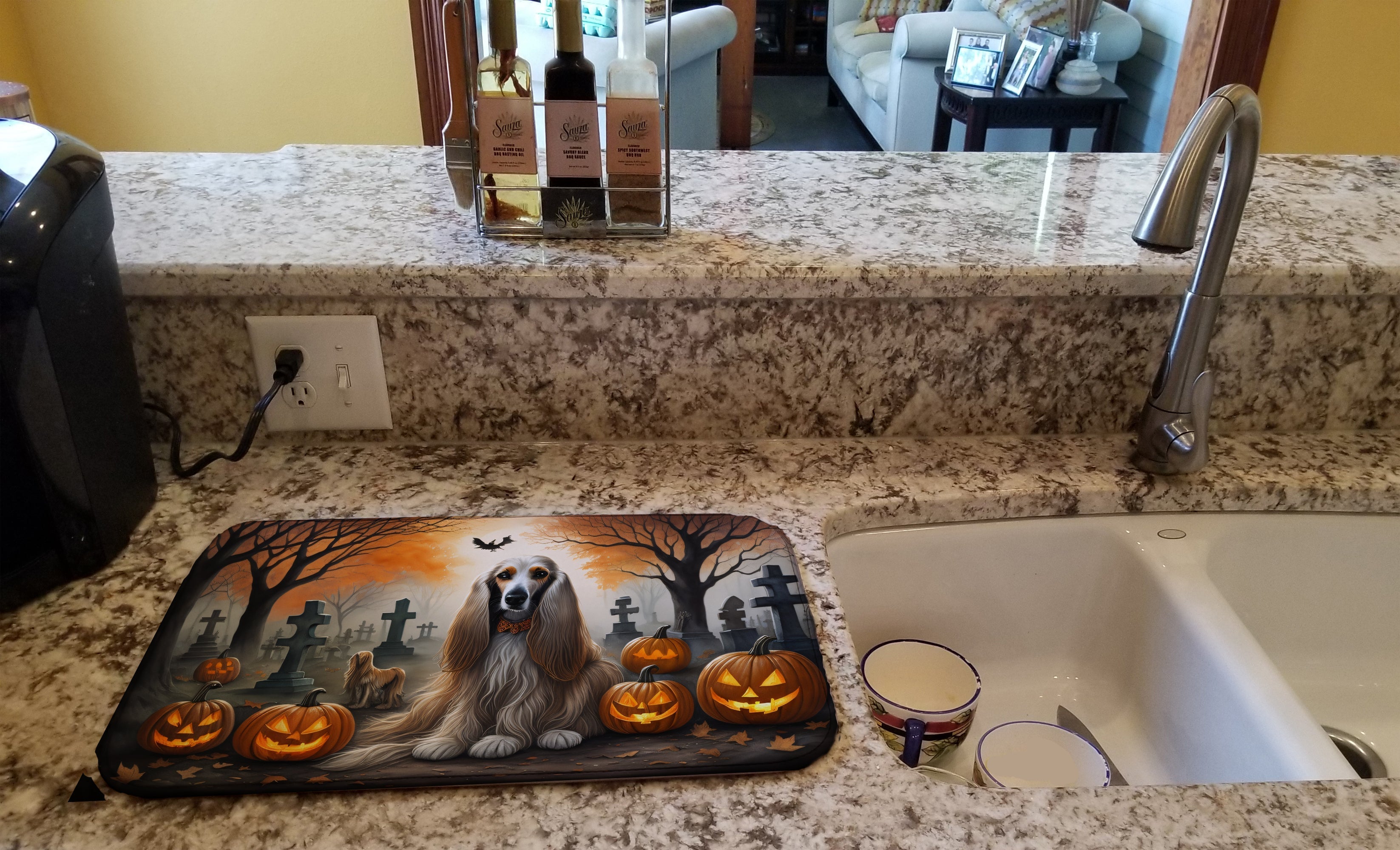 Afghan Hound Spooky Halloween Dish Drying Mat Absorbent Dish Drying Mat Pad for Kitchen Counter Dish Drainer Mat for Countertop, 14 x 21", Multicolor