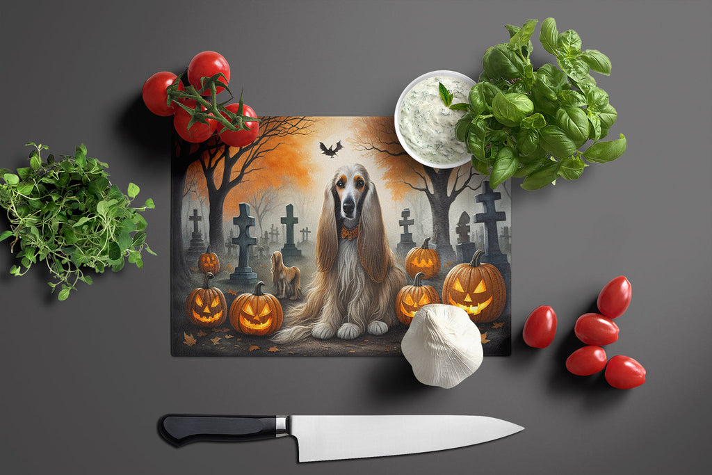 Afghan Hound Spooky Halloween Cutting Board Tempered Glass Kitchen Cutting Surface, Heat Resistant Chopping, Non-Slip Feet, Food Prep & Serving