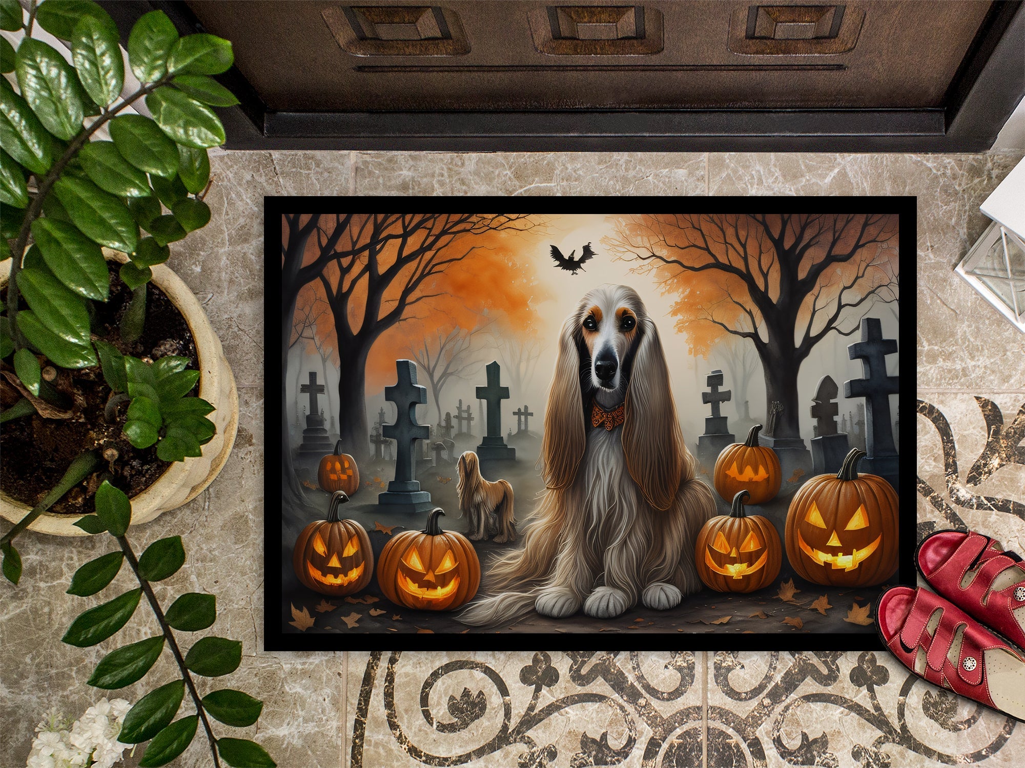 Afghan Hound Spooky Halloween Doormat Indoor Outdoor 18H X 27W Front Door Mat Rugs for Entryway, Non Slip Washable