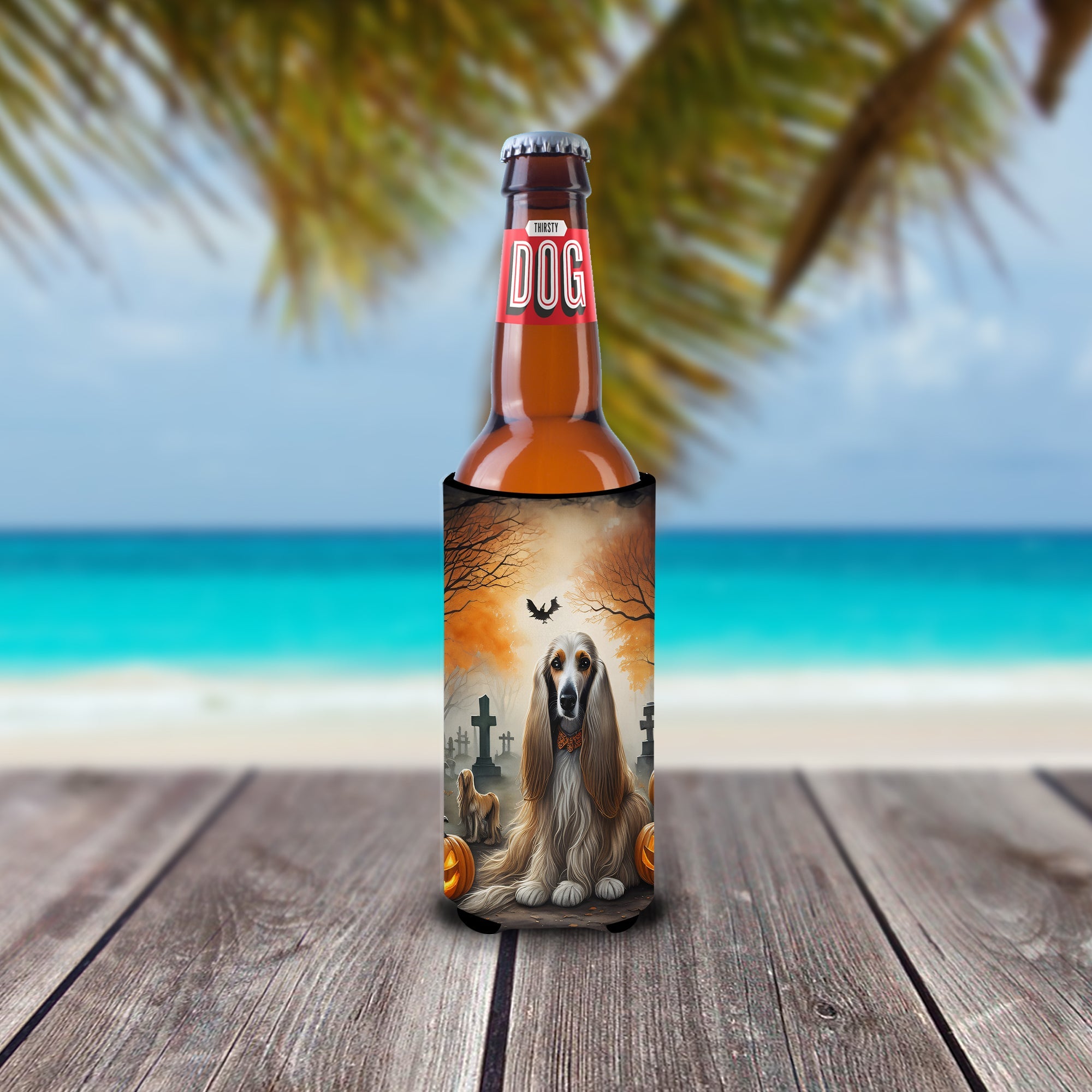Afghan Hound Spooky Halloween Slim Can Hugger , Insulated Foam Hugger for 12 oz Slim Cans, Beer Bottles & Water Bottles, Printed in USA