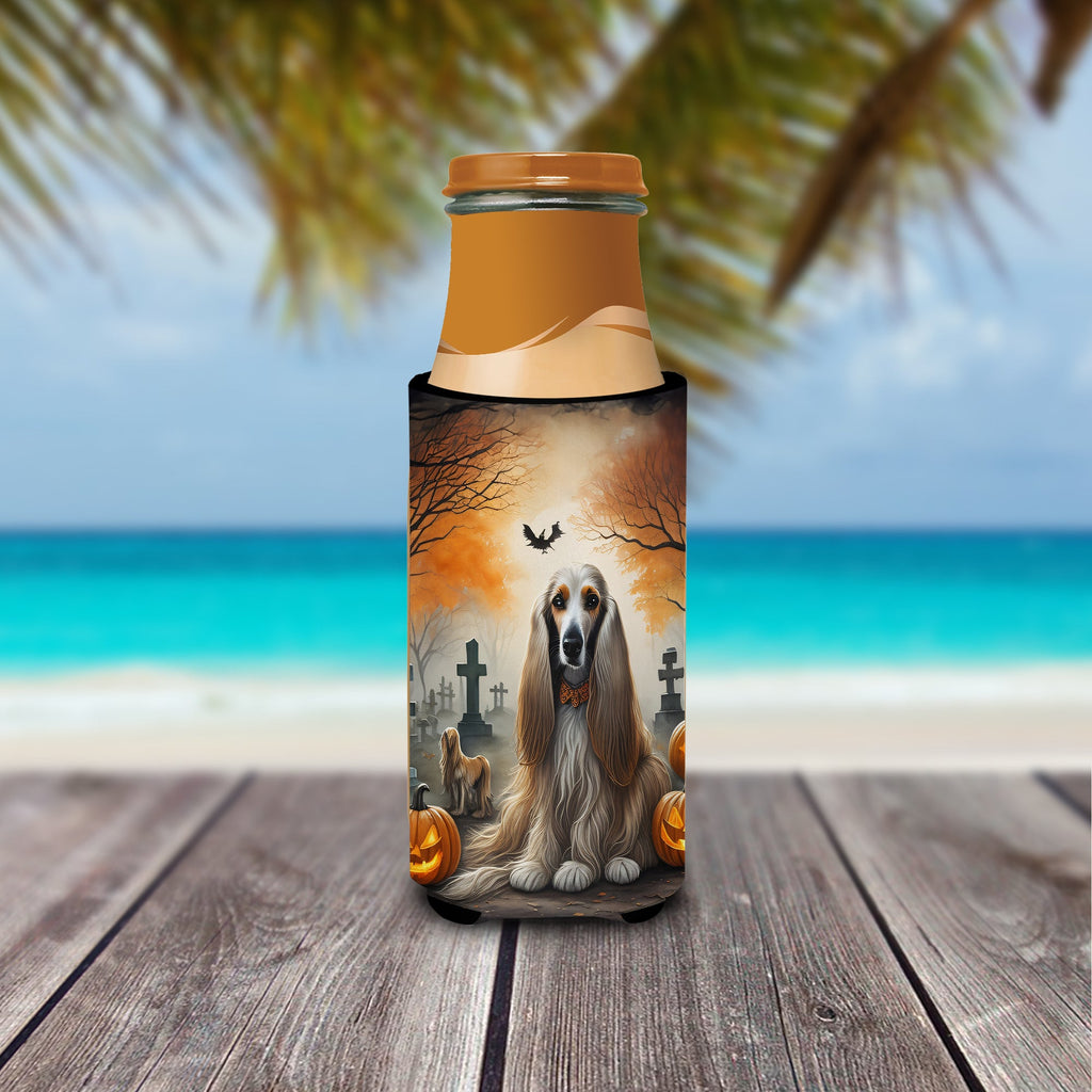 Afghan Hound Spooky Halloween Slim Can Hugger , Insulated Foam Hugger for 12 oz Slim Cans, Beer Bottles & Water Bottles, Printed in USA