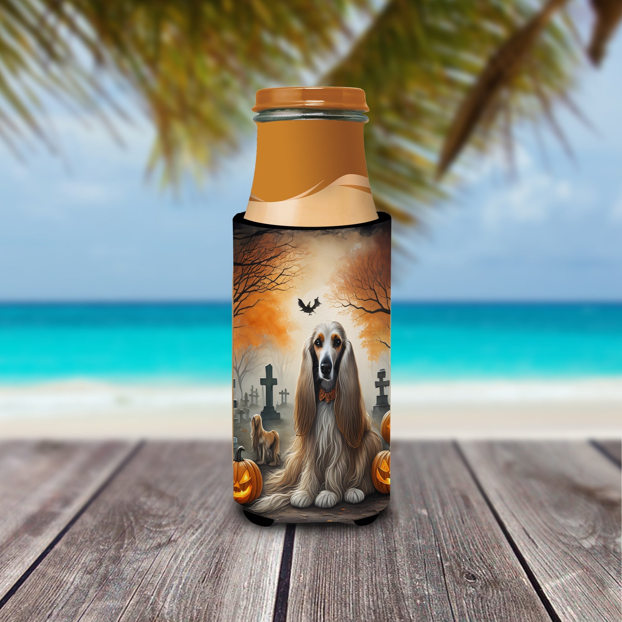 Afghan Hound Spooky Halloween Slim Can Hugger , Insulated Foam Hugger for 12 oz Slim Cans, Beer Bottles & Water Bottles, Printed in USA