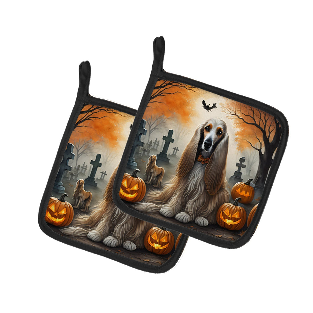 Afghan Hound Spooky Halloween Pot Holder Set of 2 Heat Resistant Quilted Hot Pads 7.5 x 7.5 Inch, Insulated Kitchen Trivets for Cooking & Baking