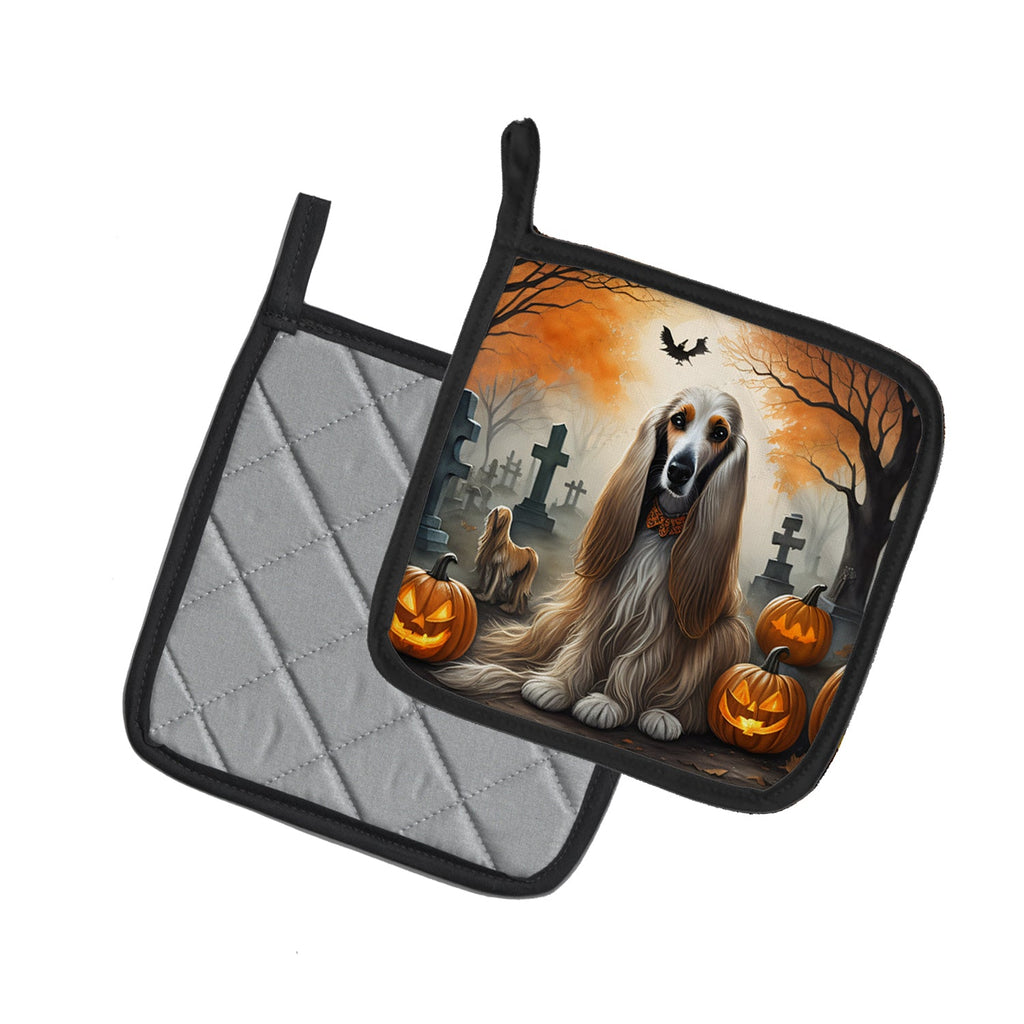 Afghan Hound Spooky Halloween Pot Holder Set of 2 Heat Resistant Quilted Hot Pads 7.5 x 7.5 Inch, Insulated Kitchen Trivets for Cooking & Baking