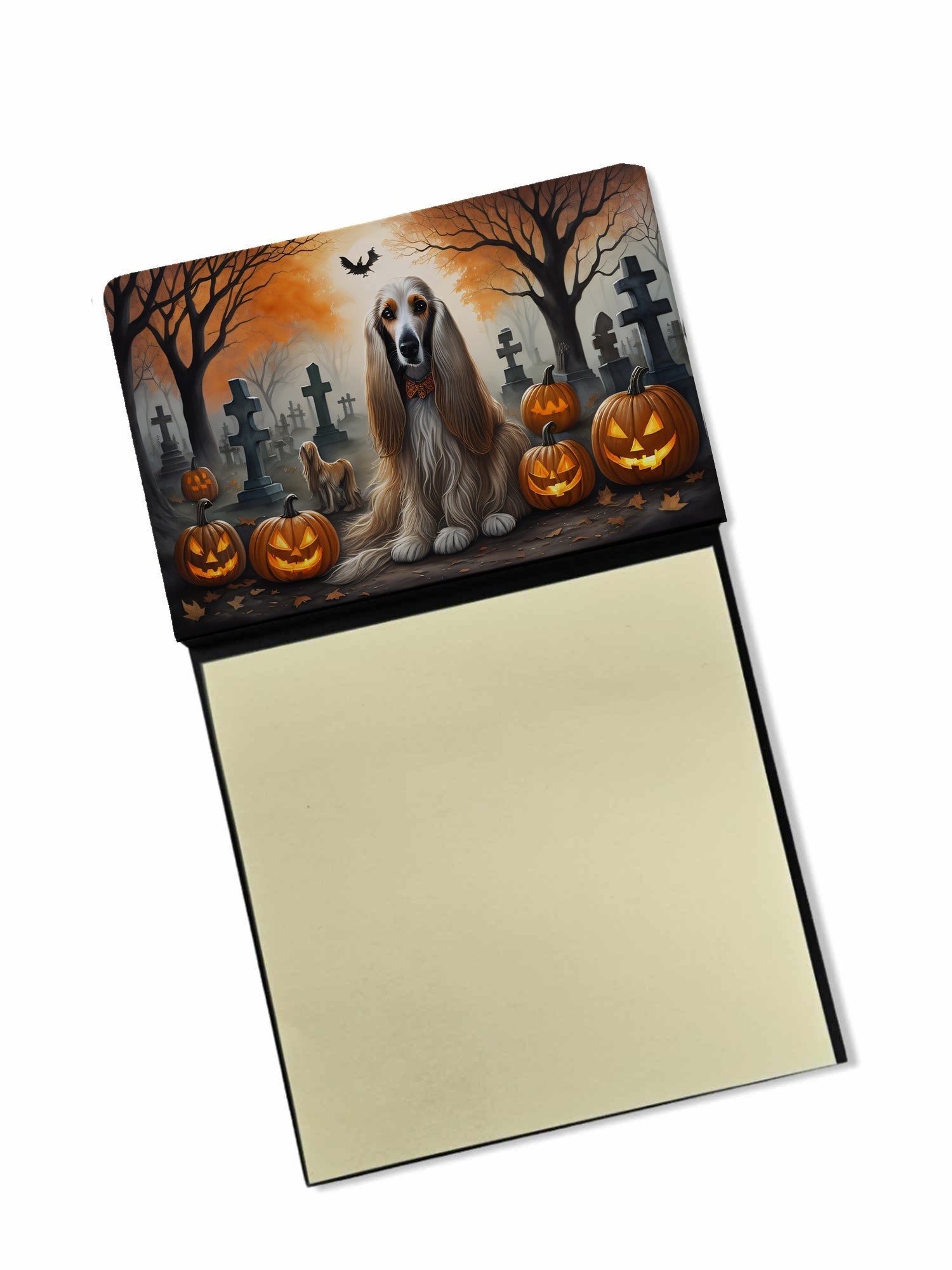 Afghan Hound Spooky Halloween Watercolor Sticky Note Holder Refillable Dispenser Desk Accessory 3x3 Pad Gift