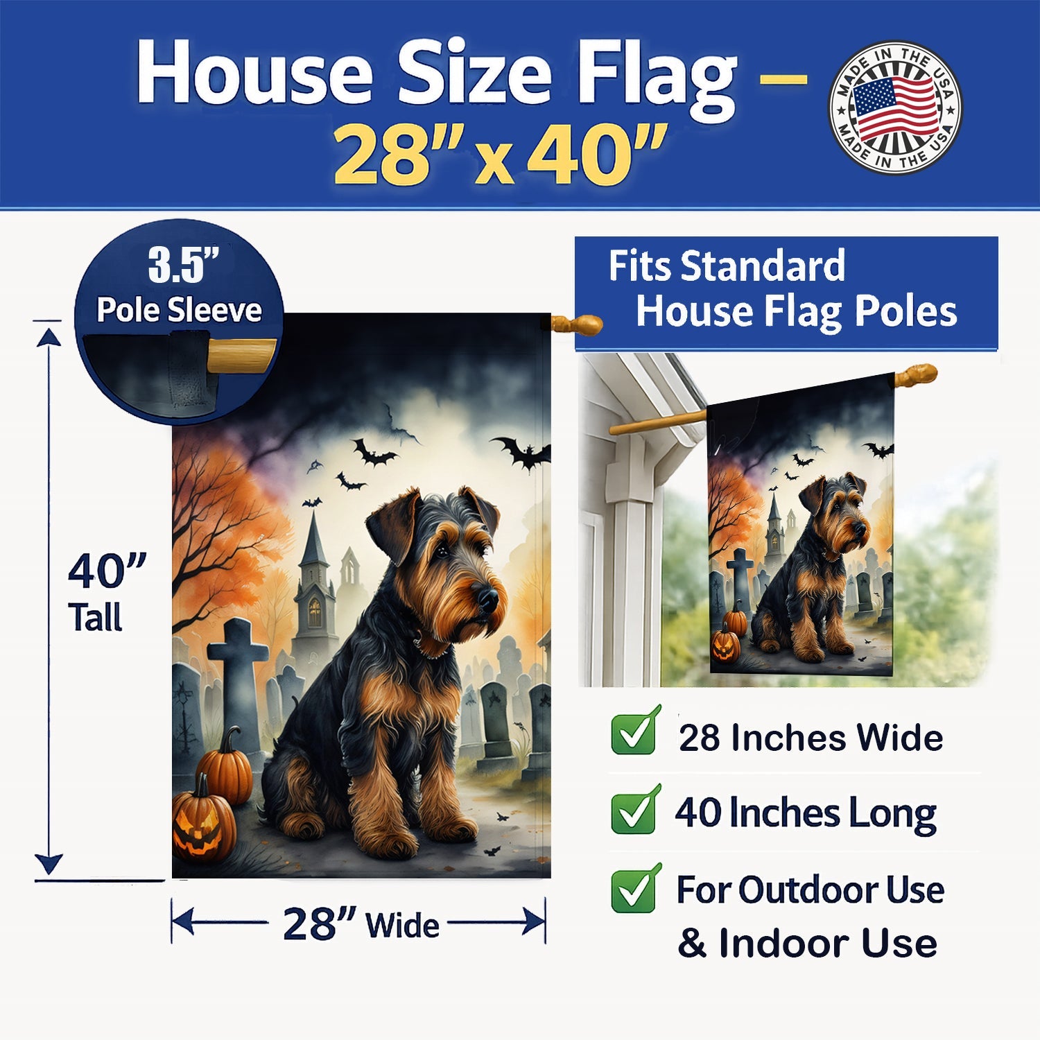 Airedale Terrier Spooky Halloween House Flag 28x40 Porch Sleeve Pole Decorative Outside Yard Banner Artwork Wall Hanging, Polyester