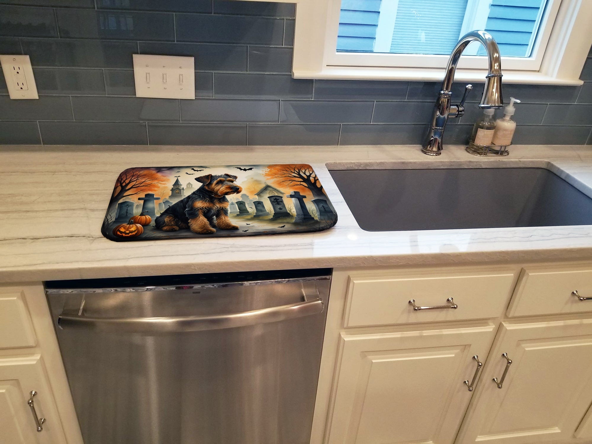 Airedale Terrier Spooky Halloween Dish Drying Mat Absorbent Dish Drying Mat Pad for Kitchen Counter Dish Drainer Mat for Countertop, 14 x 21", Multicolor