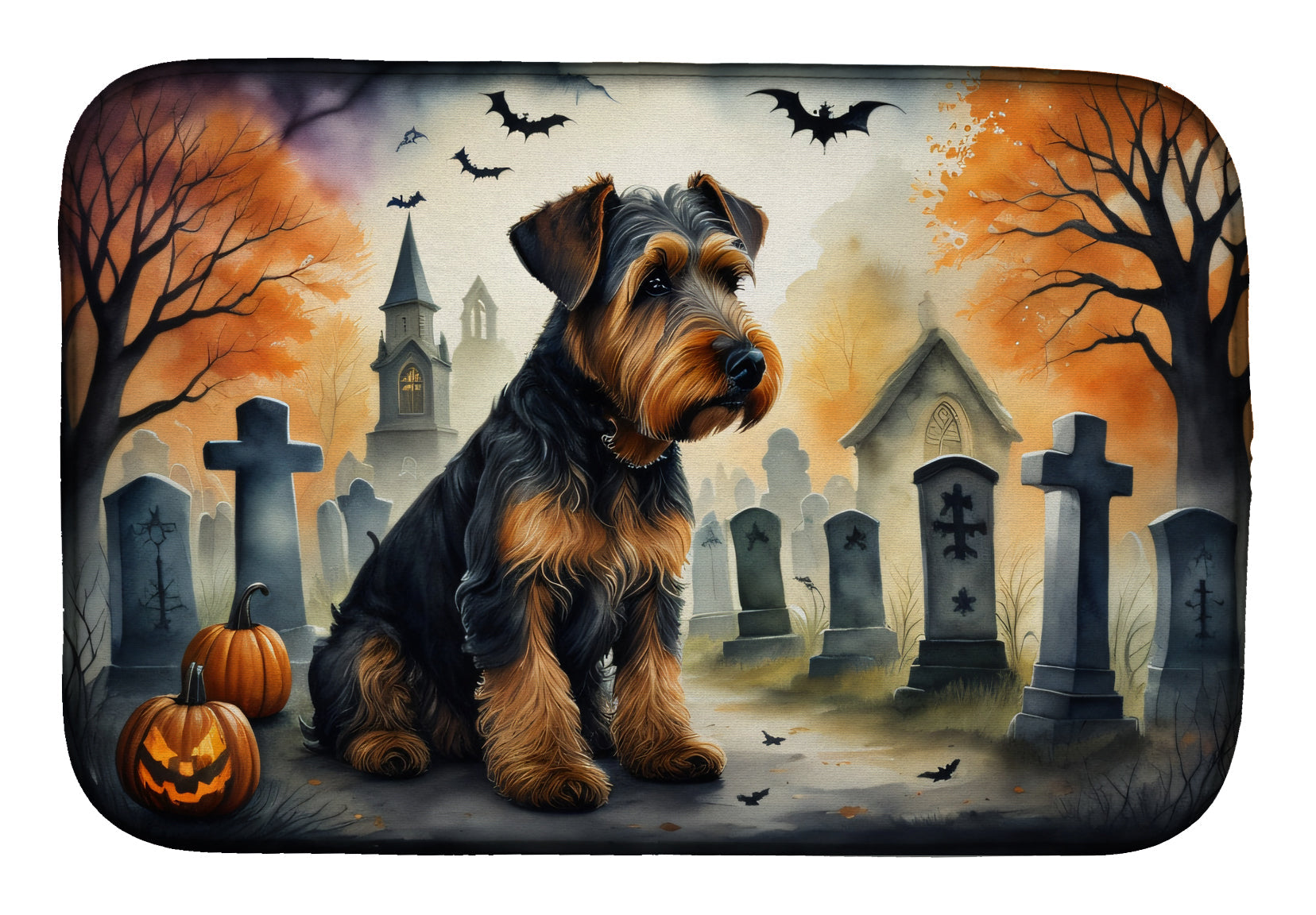 Airedale Terrier Spooky Halloween Dish Drying Mat Absorbent Dish Drying Mat Pad for Kitchen Counter Dish Drainer Mat for Countertop, 14 x 21", Multicolor