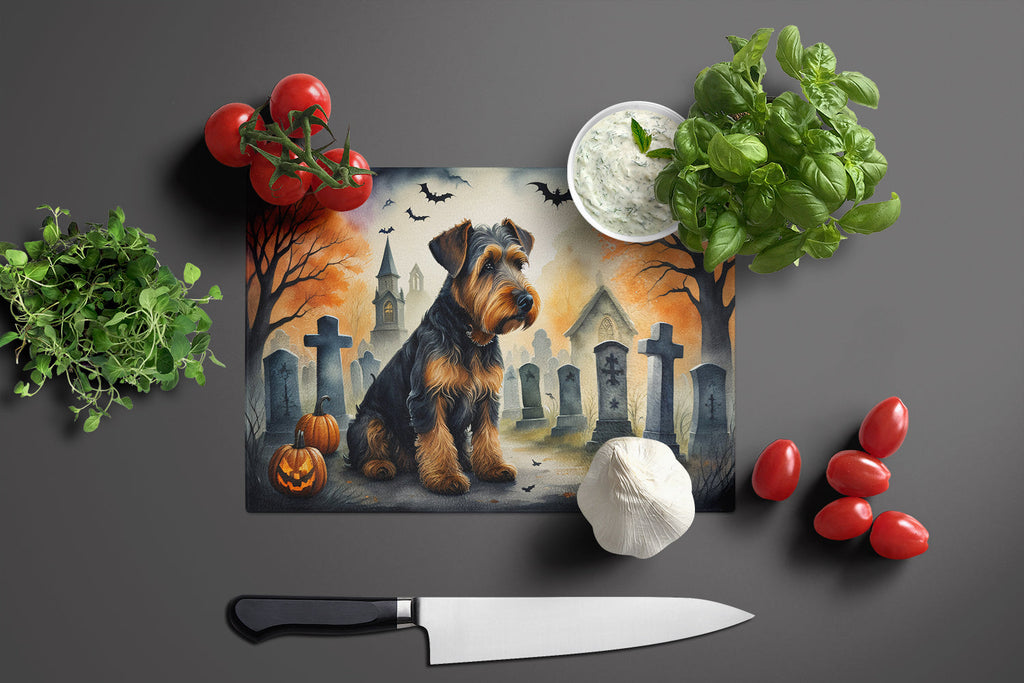 Airedale Terrier Spooky Halloween Cutting Board Tempered Glass Kitchen Cutting Surface, Heat Resistant Chopping, Non-Slip Feet, Food Prep & Serving