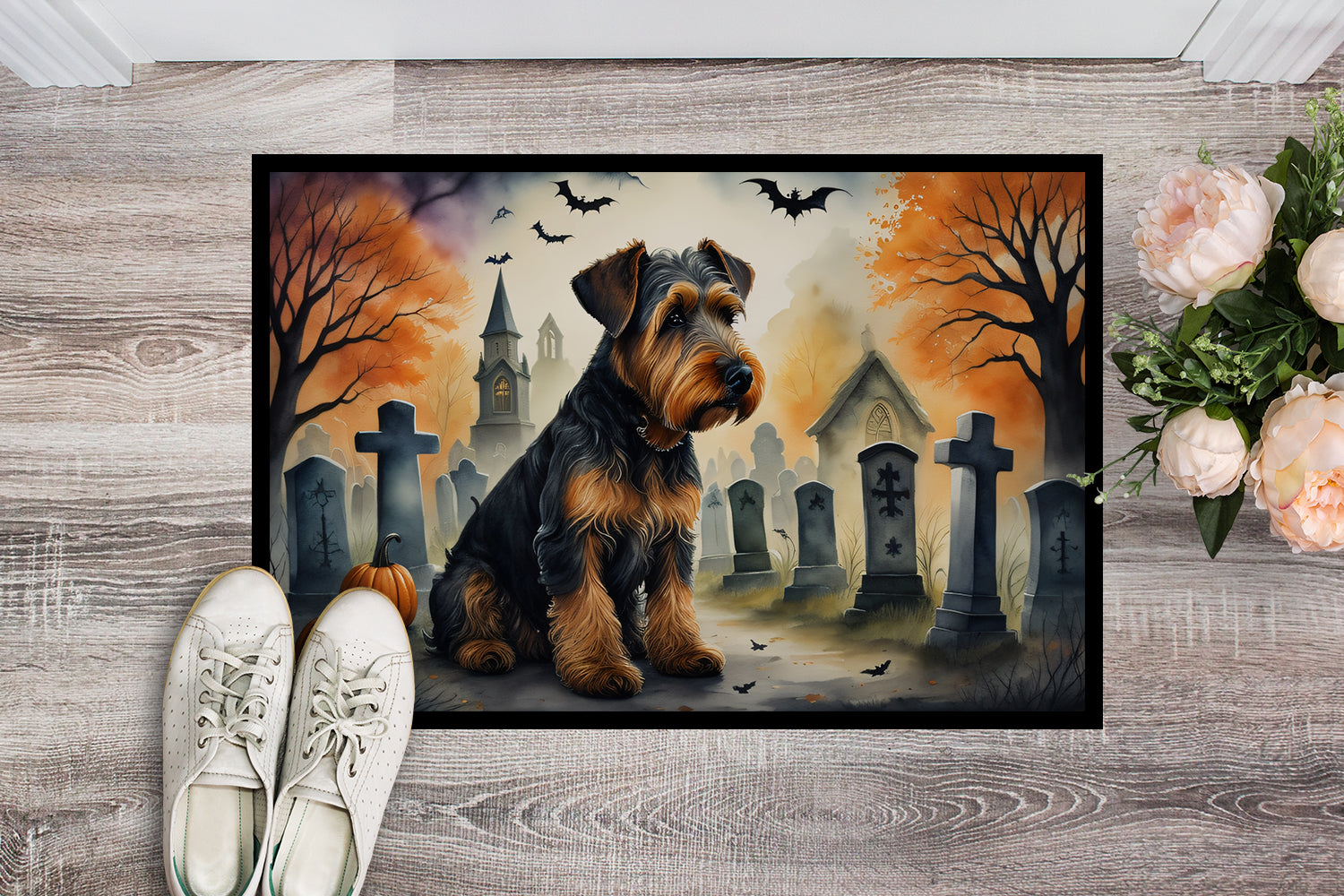 Airedale Terrier Spooky Halloween Doormat Indoor Outdoor 18H X 27W Front Door Mat Rugs for Entryway, Non Slip Washable