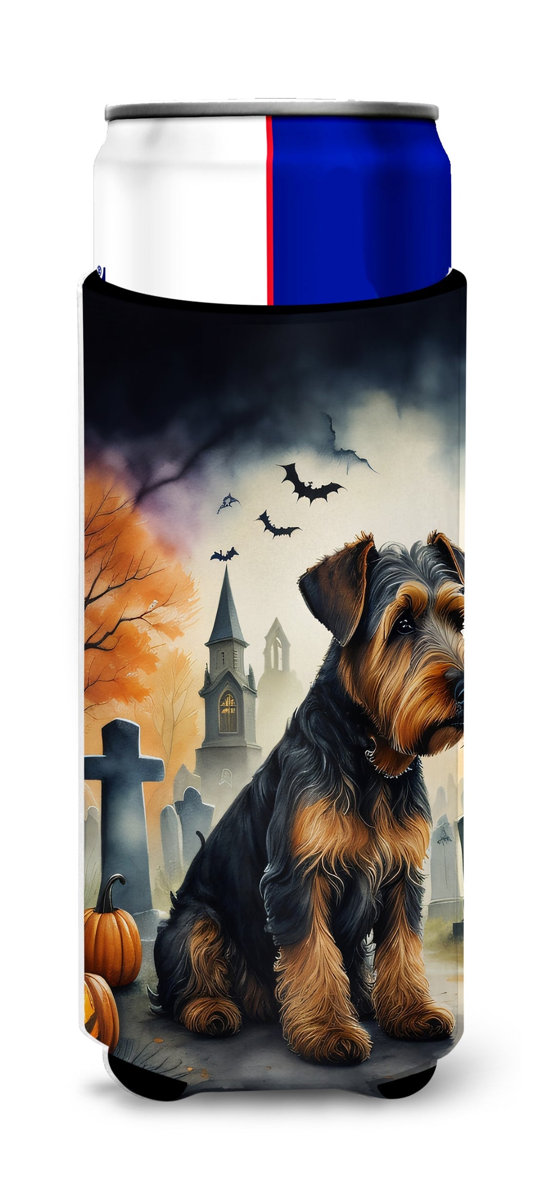 Airedale Terrier Spooky Halloween Slim Can Hugger , Insulated Foam Hugger for 12 oz Slim Cans, Beer Bottles & Water Bottles, Printed in USA