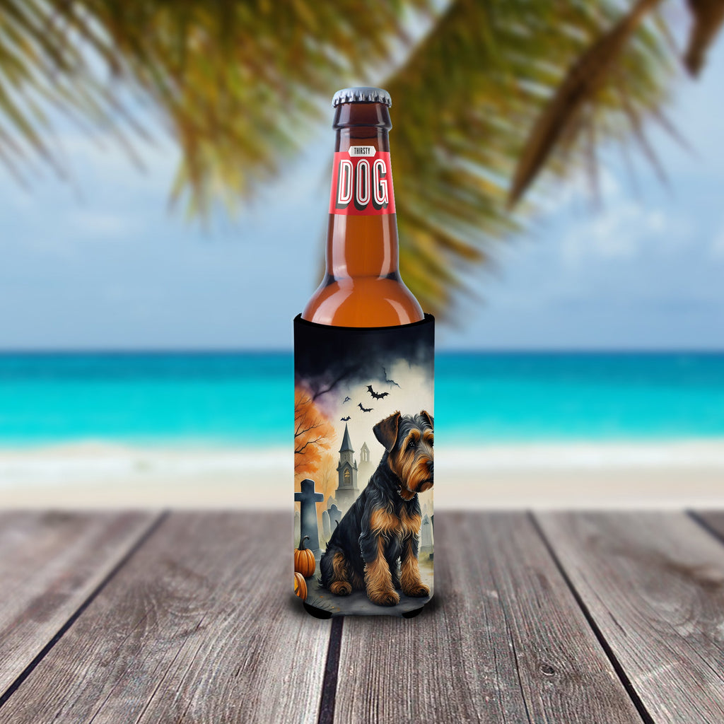 Airedale Terrier Spooky Halloween Slim Can Hugger , Insulated Foam Hugger for 12 oz Slim Cans, Beer Bottles & Water Bottles, Printed in USA