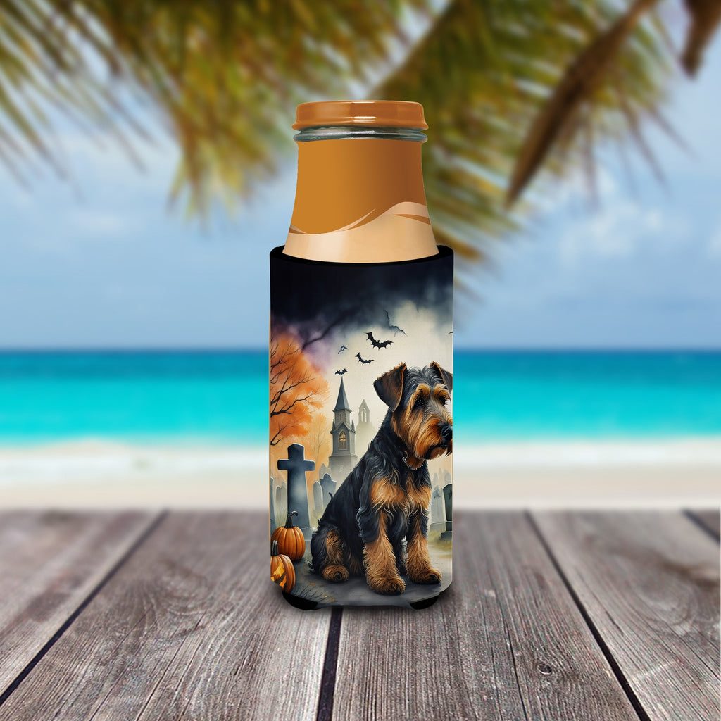 Airedale Terrier Spooky Halloween Slim Can Hugger , Insulated Foam Hugger for 12 oz Slim Cans, Beer Bottles & Water Bottles, Printed in USA