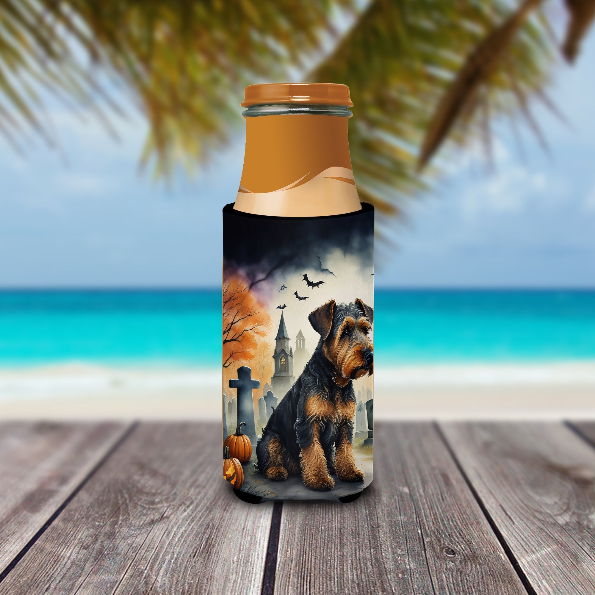 Airedale Terrier Spooky Halloween Slim Can Hugger , Insulated Foam Hugger for 12 oz Slim Cans, Beer Bottles & Water Bottles, Printed in USA