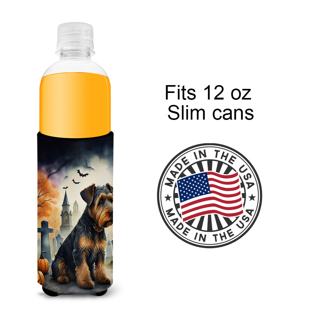 Airedale Terrier Spooky Halloween Slim Can Hugger , Insulated Foam Hugger for 12 oz Slim Cans, Beer Bottles & Water Bottles, Printed in USA