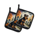 Airedale Terrier Spooky Halloween Pot Holder Set of 2 Heat Resistant Quilted Hot Pads 7.5 x 7.5 Inch, Insulated Kitchen Trivets for Cooking & Baking