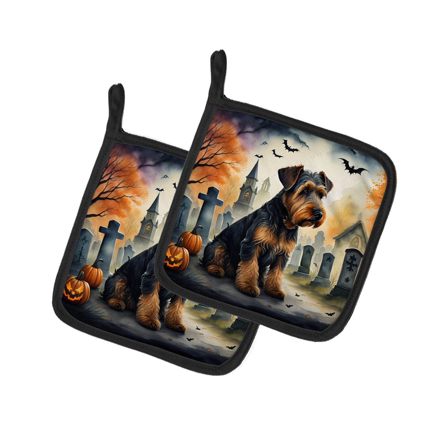 Airedale Terrier Spooky Halloween Pot Holder Set of 2 Heat Resistant Quilted Hot Pads 7.5 x 7.5 Inch, Insulated Kitchen Trivets for Cooking & Baking