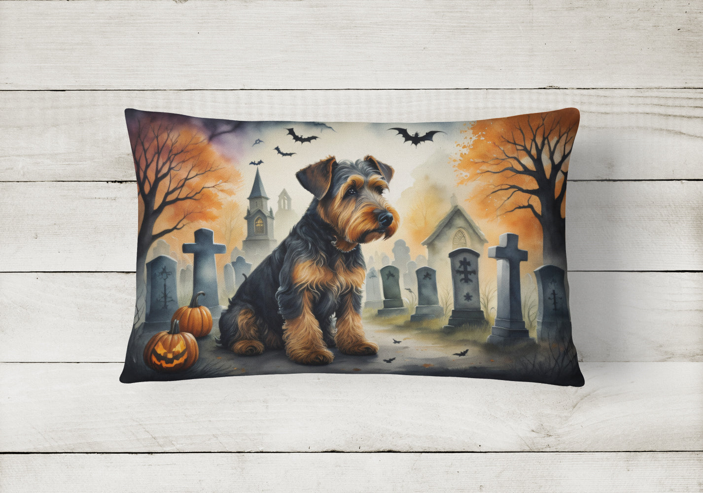 Airedale Terrier Spooky Halloween Decorative Throw Pillow 12x16 Indoor Outdoor Accent Cushion, Fabric Cover with Insert for Sofa, Bed, Porch & Living Room