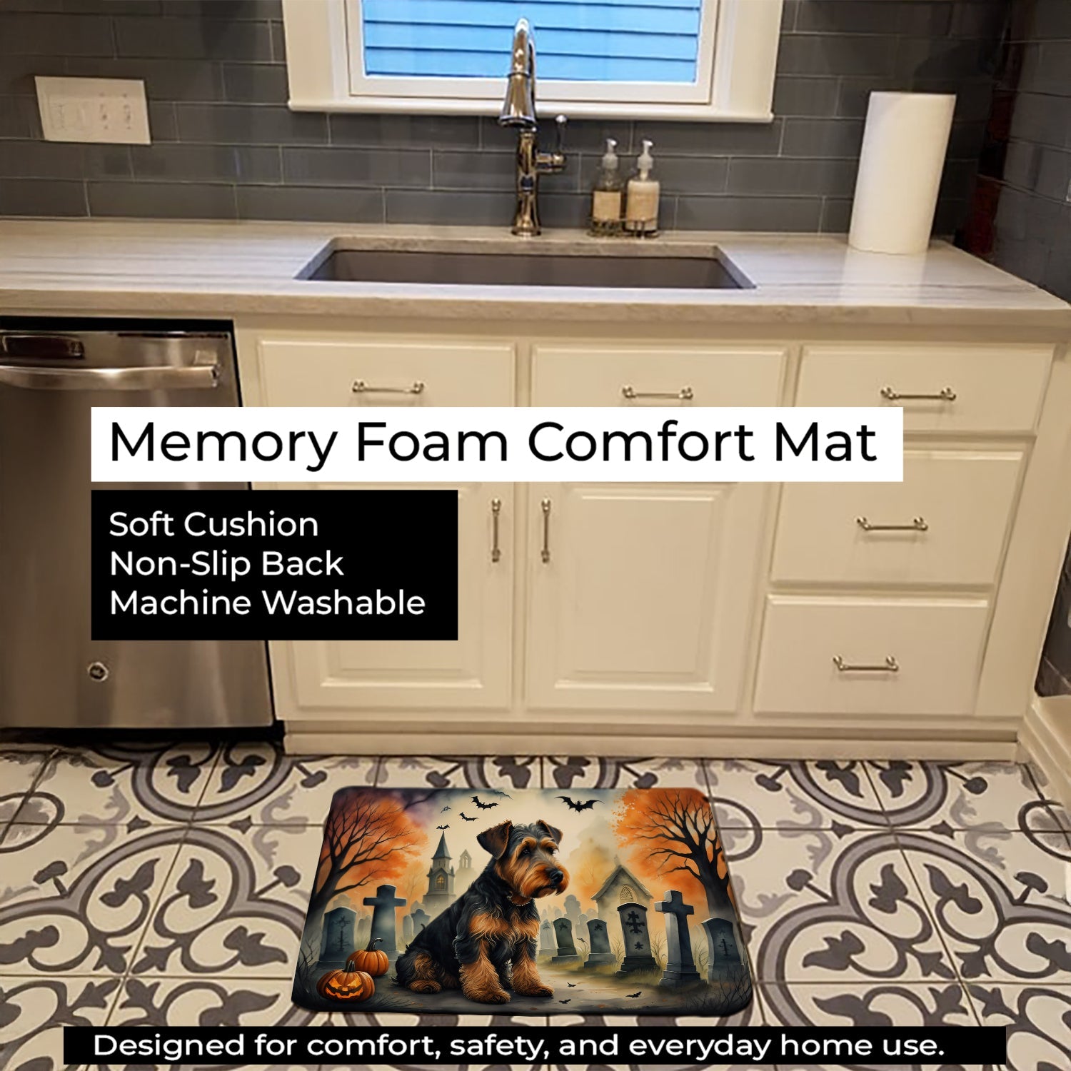Airedale Terrier Spooky Halloween Memory Foam Kitchen Mat Machine Washable Anti-Fatigue Cushion Comfort Bath or Kitchen Rug