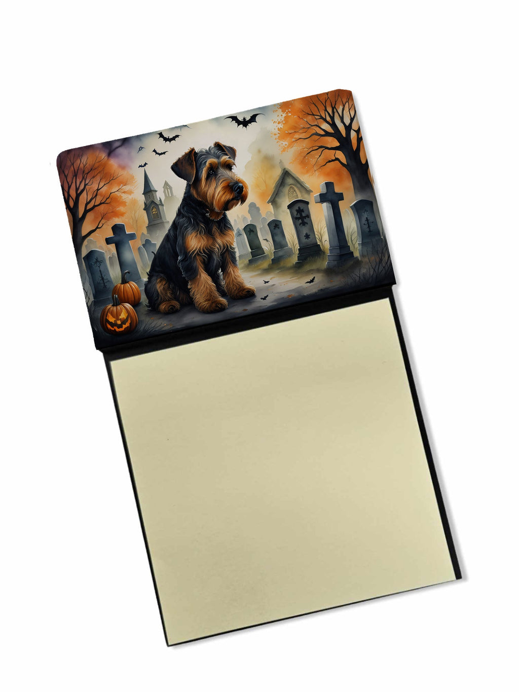 Airedale Terrier Spooky Halloween Watercolor Sticky Note Holder Refillable Dispenser Desk Accessory 3x3 Pad Gift