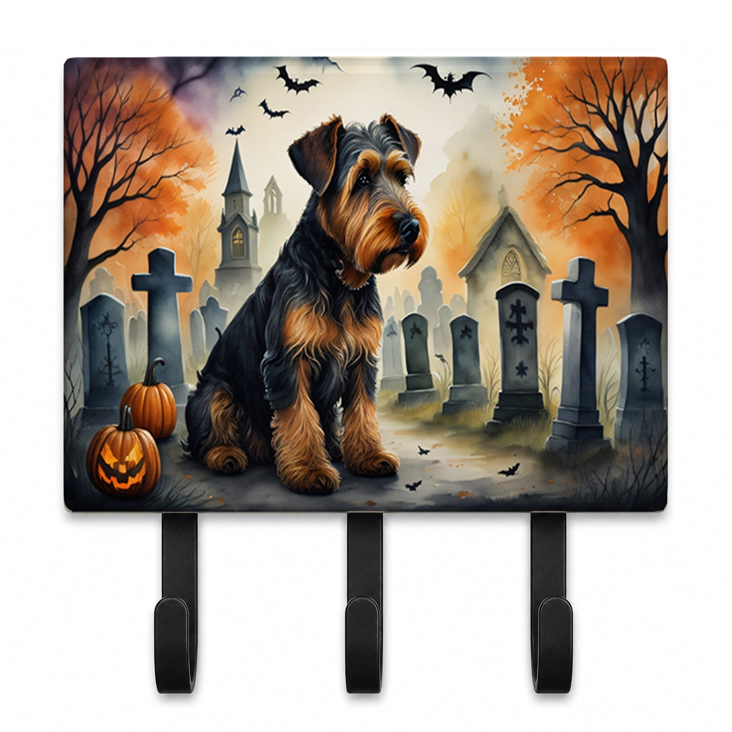 Airedale Terrier Spooky Halloween Leash or Key Holder Wall Hooks, Coat Rack Wall Mount, for Hanging Keys, Towels, Aprons, Leashes