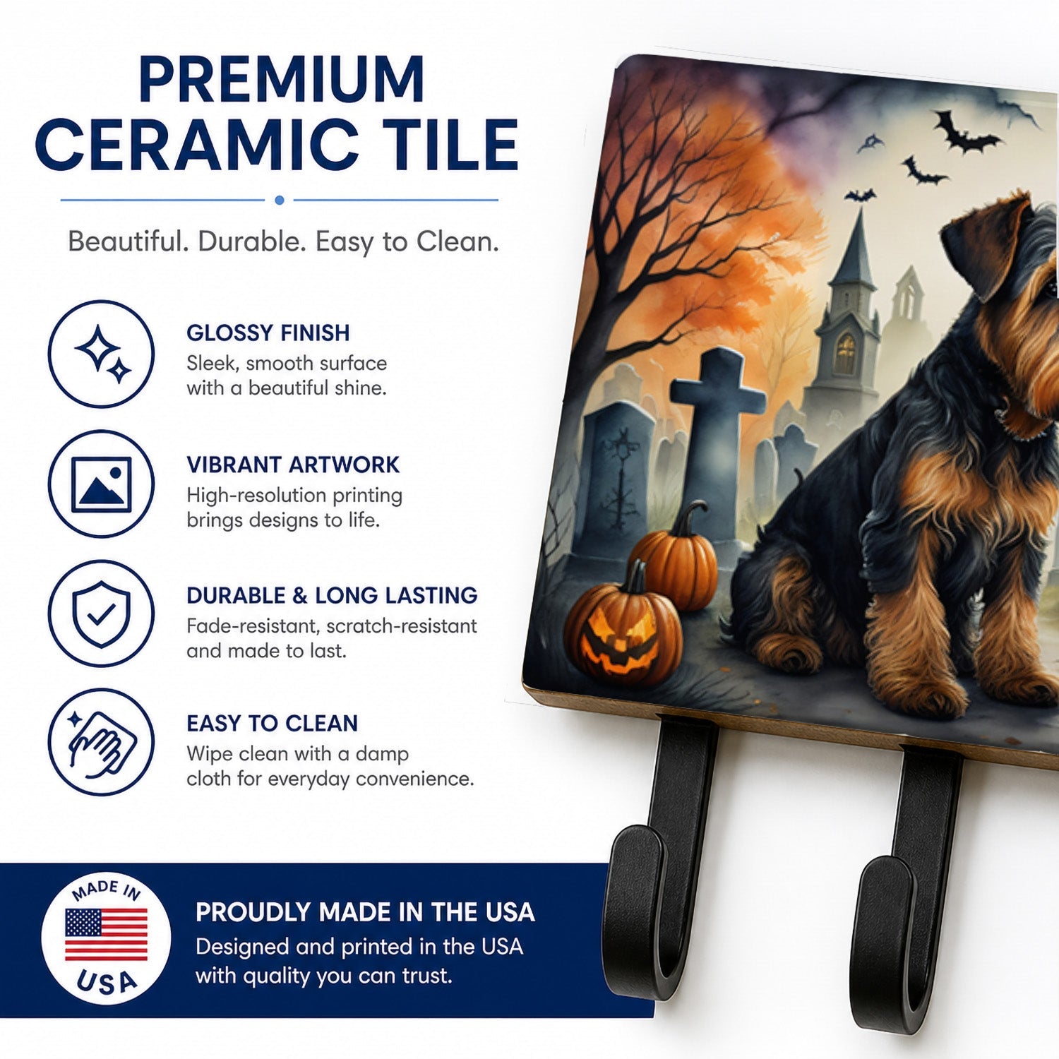Airedale Terrier Spooky Halloween Leash or Key Holder Wall Hooks, Coat Rack Wall Mount, for Hanging Keys, Towels, Aprons, Leashes