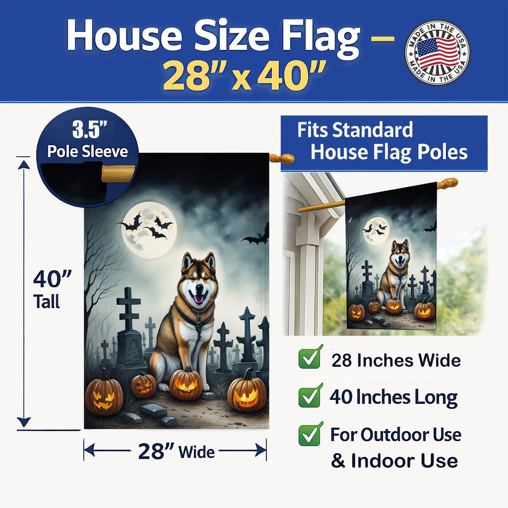 Akita Spooky Halloween House Flag 28x40 Porch Sleeve Pole Decorative Outside Yard Banner Artwork Wall Hanging, Polyester