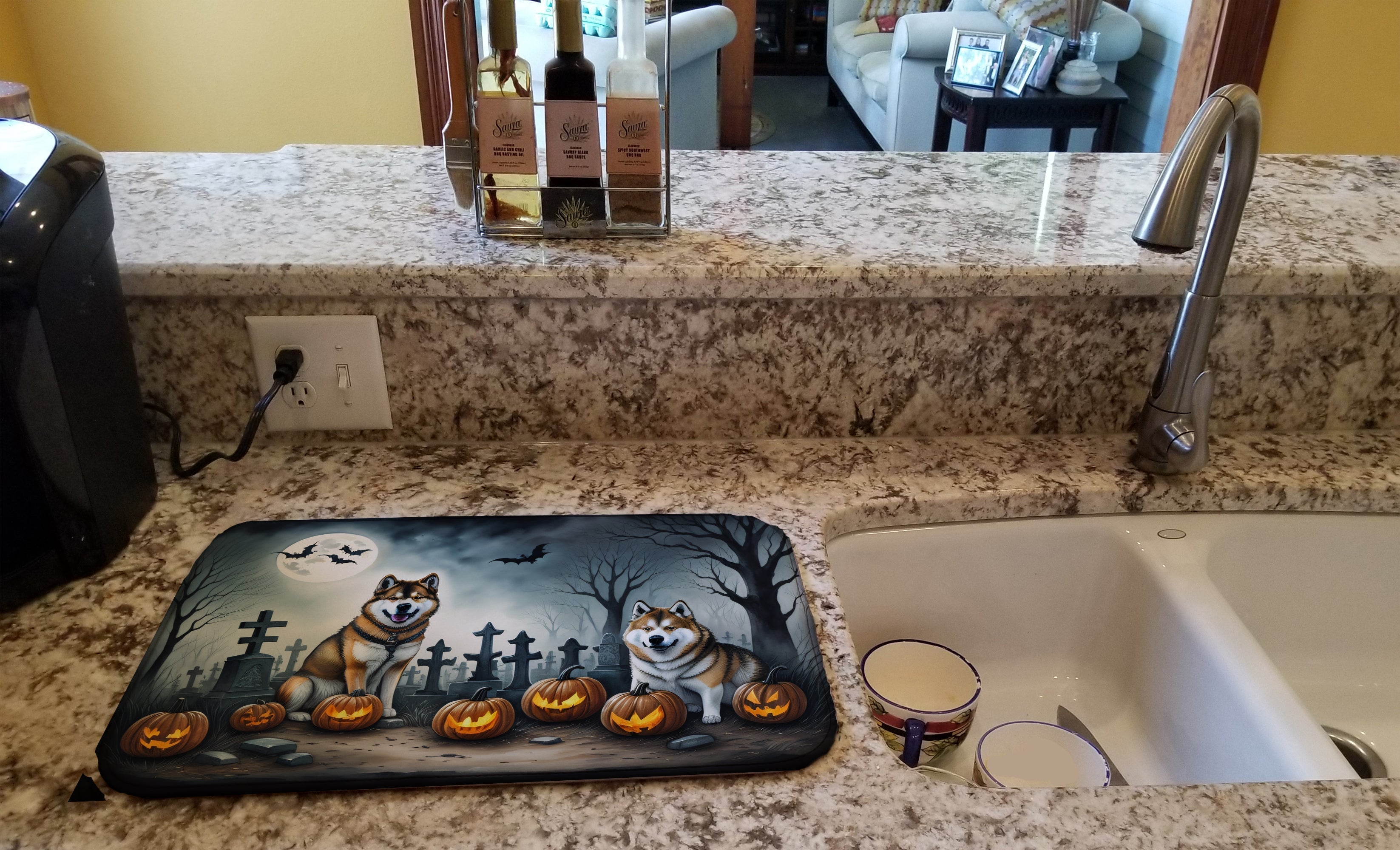 Akita Spooky Halloween Dish Drying Mat Absorbent Dish Drying Mat Pad for Kitchen Counter Dish Drainer Mat for Countertop, 14 x 21", Multicolor