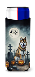 Akita Spooky Halloween Slim Can Hugger , Insulated Foam Hugger for 12 oz Slim Cans, Beer Bottles & Water Bottles, Printed in USA